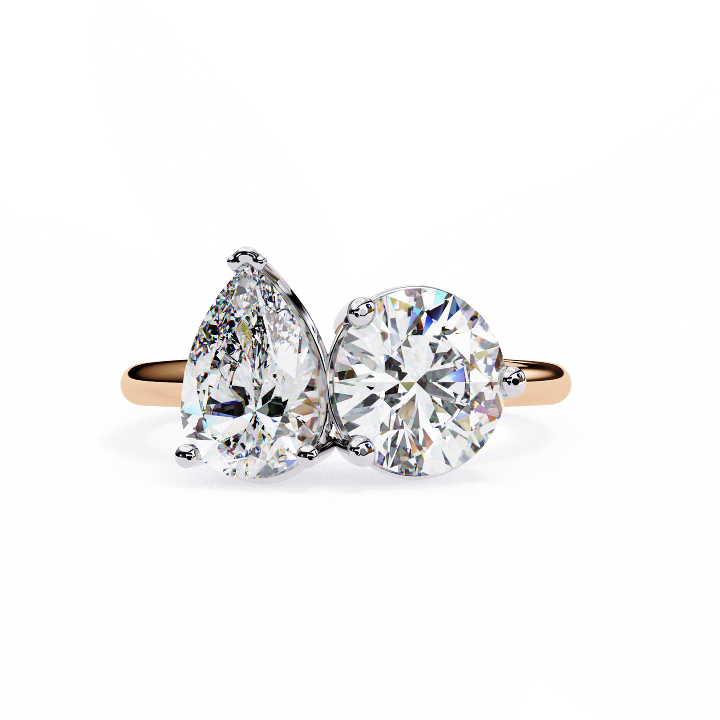 2 Stone Gold Ring/Wedding Ring/F Color/VS Clarity/1 Ct Diamond Ring/CVD Diamond Ring/Round Cut Diamond/Pear Diamond Side Stone/Prong Set/Two Stone Set/10k Gold/14k Gold/18k Gold/Yellow Gold/White Gold/Rose Gold/Anniversary Gift