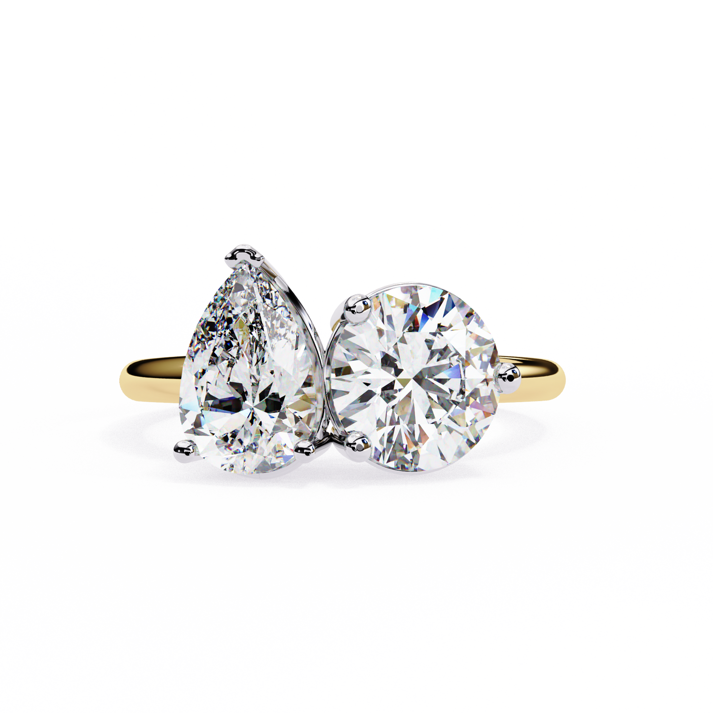 2 Stone Gold Ring/Wedding Ring/F Color/VS Clarity/1 Ct Diamond Ring/CVD Diamond Ring/Round Cut Diamond/Pear Diamond Side Stone/Prong Set/Two Stone Set/10k Gold/14k Gold/18k Gold/Yellow Gold/White Gold/Rose Gold/Anniversary Gift