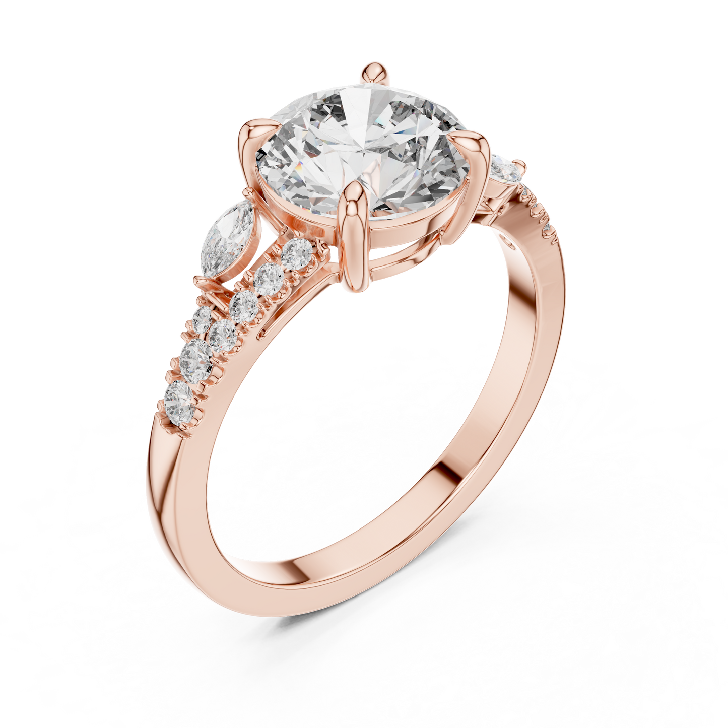 Round Lab Grown Diamond Marquise Leaf Accented Split Shank Ring