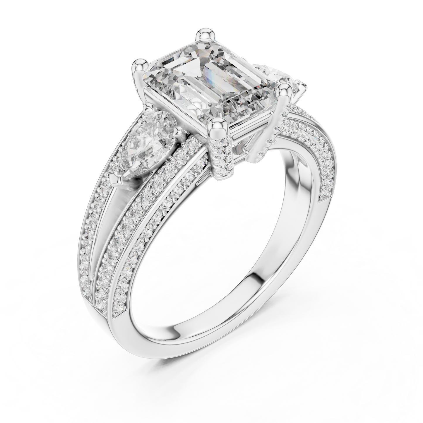 Emerald Cut Lab Grown Diamond Ring with Pear Accents