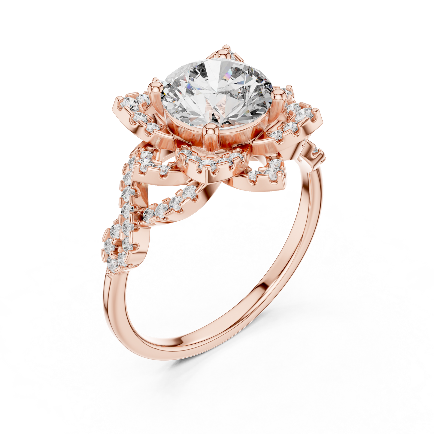 Floral Art Deco Halo Round Lab Grown Diamond Engagement Ring