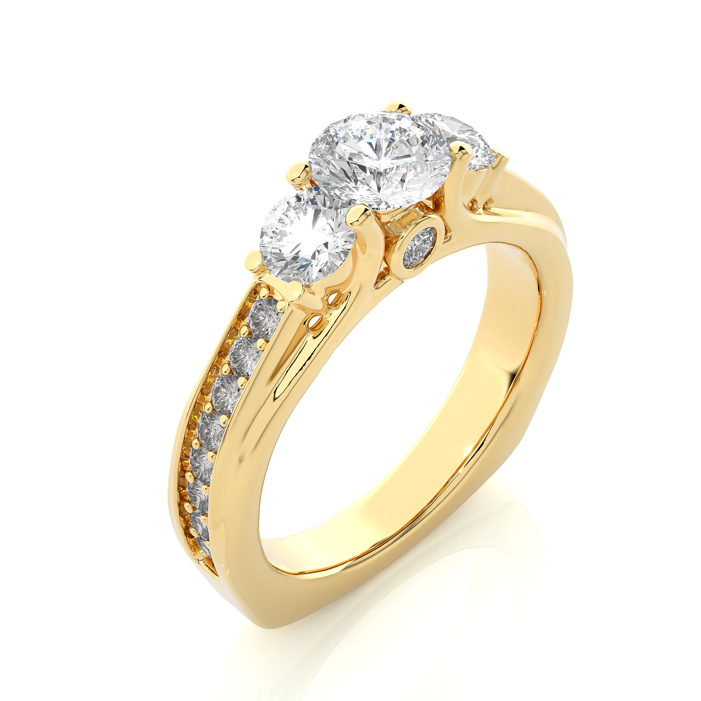 1.22 Ct Round Cut E-VS2 Lab Grown Diamond Three Stone Engagement Ring/Wedding Ring/E Color/VS Clarity/1 Ct Diamond Ring/CVD Diamond Ring/Round Cut Diamond/Round Diamond Side Stone/Prong Set/Three Stone Set/Pave Set/10k Gold/14k Gold/18k Gold/Yellow Gold/White Gold/Rose Gold/Anniversary Gift
