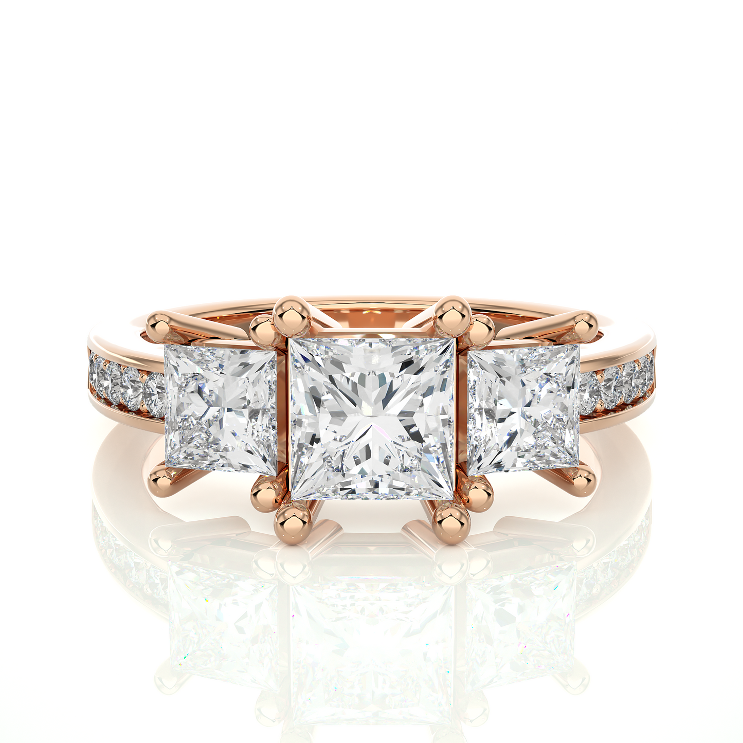 1.44 Ct Princess Cut Lab Grown Diamond Three Stone Gold Engagement Ring/Wedding Ring/F Color/VS Clarity/1 Ct Diamond Ring/CVD Diamond Ring/Princess Cut Diamond/Round Diamond Side Stone/Prong Set/Three Stone Set/Pave Set/10k Gold/14k Gold/18k Gold/Yellow Gold/White Gold/Rose Gold/Anniversary Gift