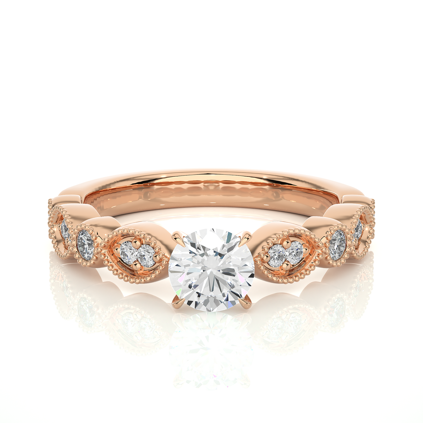 0.75 CT Round Cut Lab Grown Diamond Engagement Ring in Mil-Grain Shank/Wedding Ring/EF Color/VS Clarity/1 Ct Diamond Ring/CVD Diamond Ring/Round Cut Diamond/Round Diamond Side Stone/Four Prong Set/Pave Set/10k Gold/14k Gold/18k Gold/Yellow Gold/White Gold/Rose Gold/Anniversary Gift