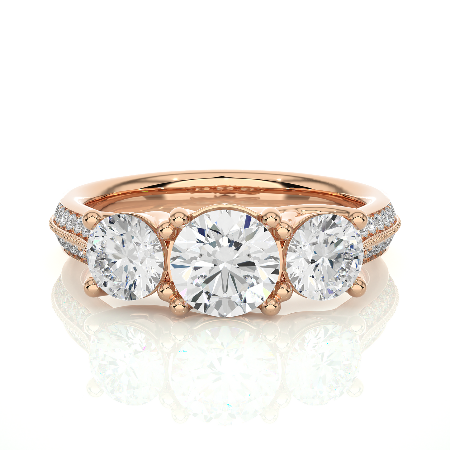 1.4 Ct Round Cut Lab Grown Diamond Three Stone Engagement Ring in Micro Pave Setting/Wedding Ring/E Color/VS Clarity/1 Ct Diamond Ring/CVD Diamond Ring/Round Cut Diamond/Round Diamond Side Stone/Prong Set/Three Stone Set/Pave Set/10k Gold/14k Gold/18k Gold/Yellow Gold/White Gold/Rose Gold/Anniversary Gift