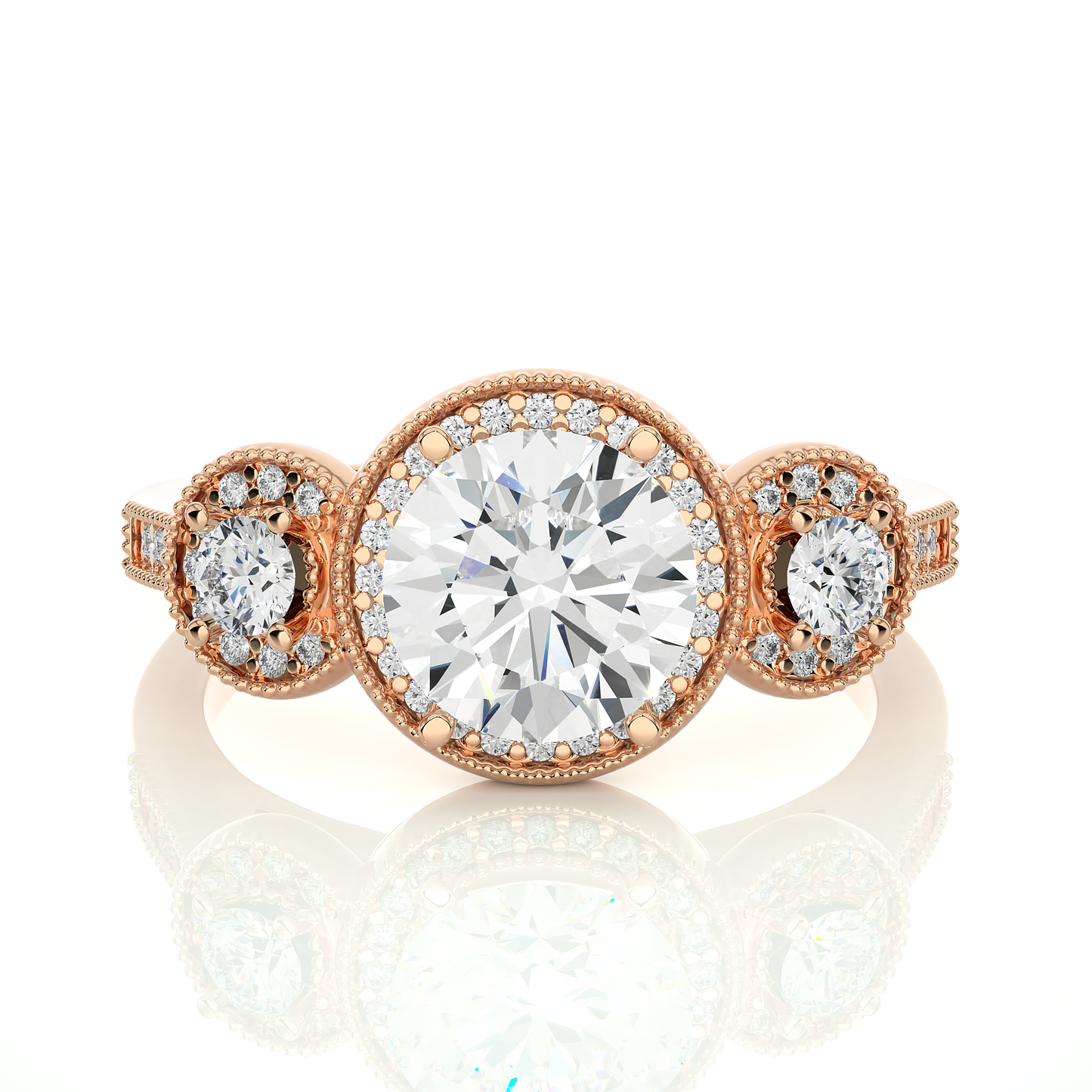 1.79 Ct Round Cut Lab Grown Diamond Three Stone Gold Engagement Ring/Wedding Ring/E Color/VS Clarity/1 Ct Diamond Ring/CVD Diamond Ring/Round Cut Diamond/Round Diamond Side Stone/Prong Set/Three Stone Set/Halo Set/10k Gold/14k Gold/18k Gold/Yellow Gold/White Gold/Rose Gold/Anniversary Gift