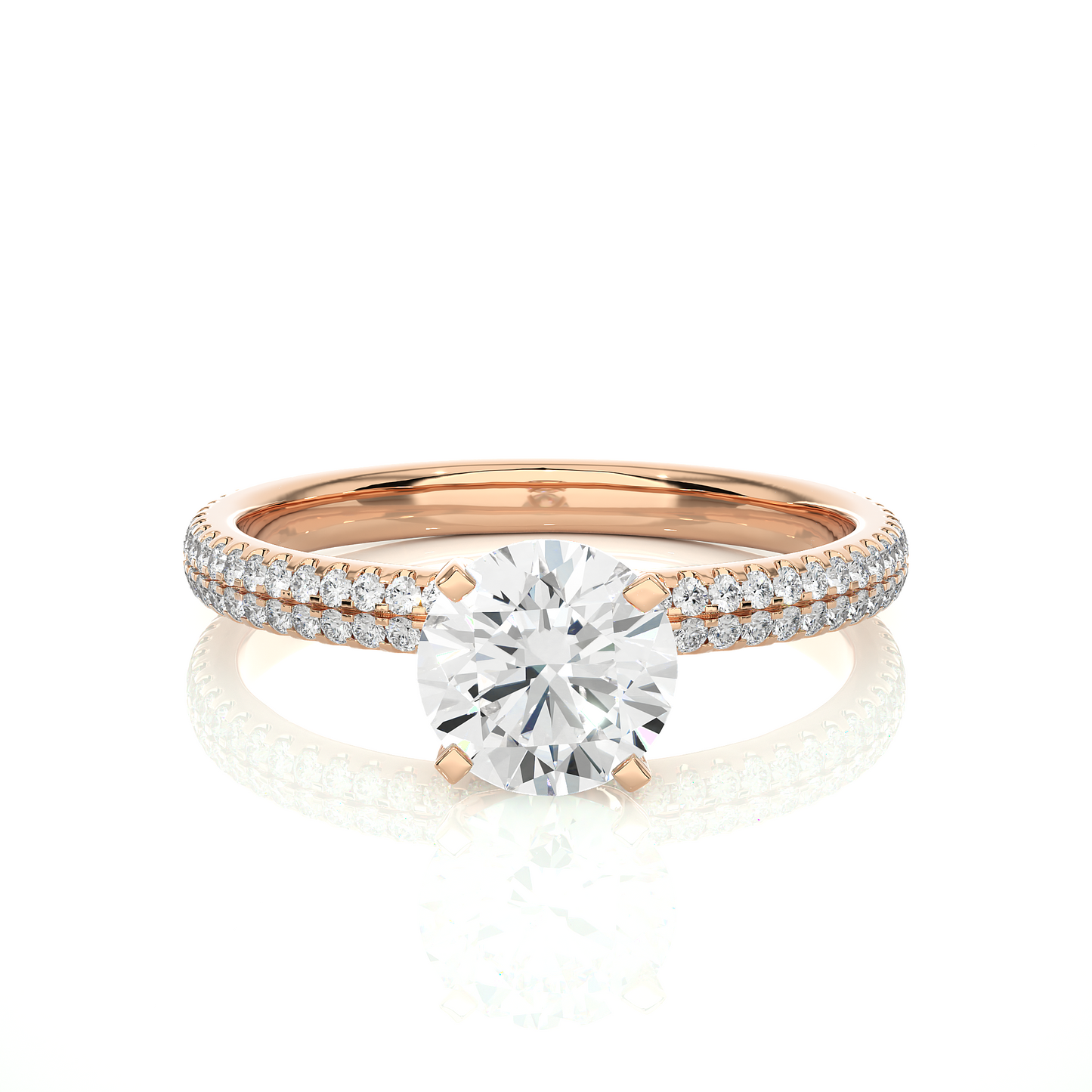 1.18 Ct Round Cut E-VS2 Lab Grown Diamond Gold Engagement Ring in Pave Shank/Wedding Ring/E Color/VS Clarity/1 Ct Diamond Ring/CVD Diamond Ring/Round Cut Diamond/Round Diamond Side Stone/Four Prong Set/Pave Set/10k Gold/14k Gold/18k Gold/Yellow Gold/White Gold/Rose Gold/Anniversary Gift