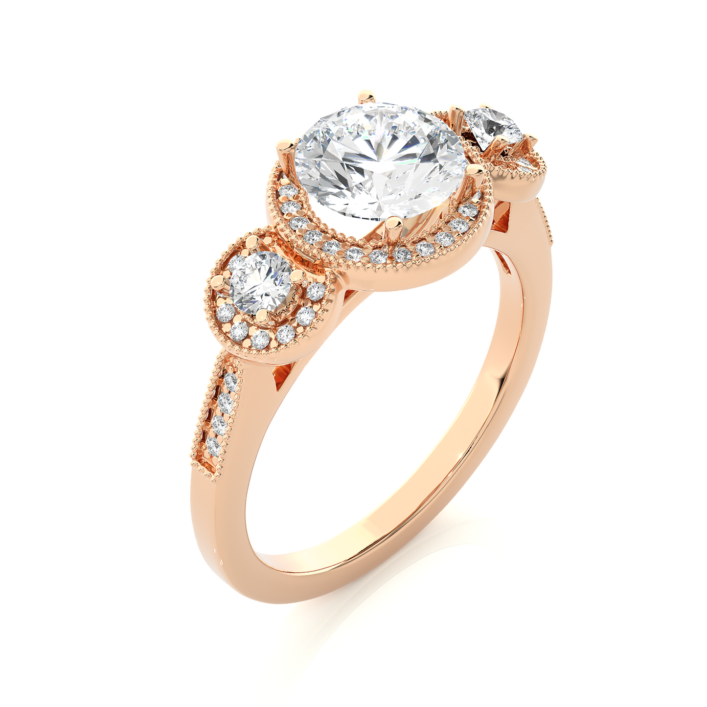 1.79 Ct Round Cut Lab Grown Diamond Three Stone Gold Engagement Ring/Wedding Ring/E Color/VS Clarity/1 Ct Diamond Ring/CVD Diamond Ring/Round Cut Diamond/Round Diamond Side Stone/Prong Set/Three Stone Set/Halo Set/10k Gold/14k Gold/18k Gold/Yellow Gold/White Gold/Rose Gold/Anniversary Gift