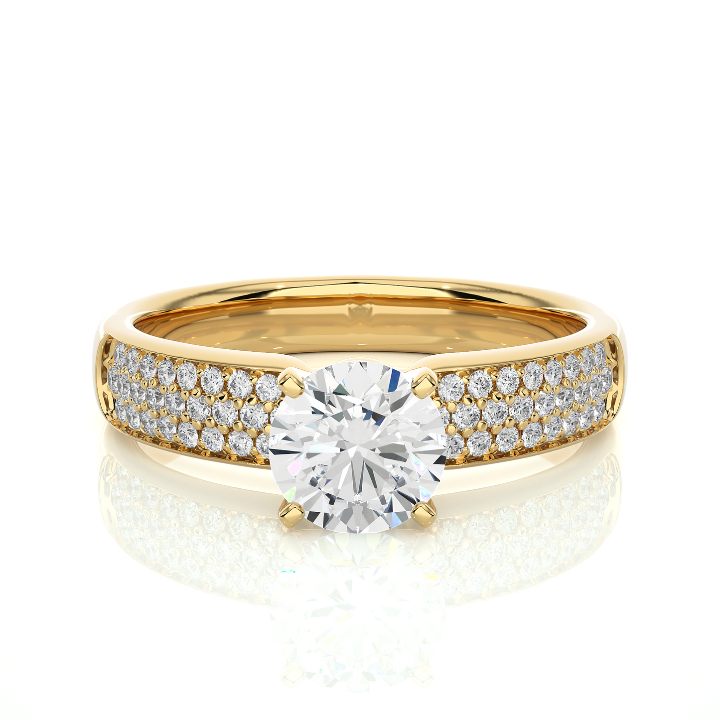 1.07 CT Round Cut Lab Grown Diamond Ring in Multi-pave Shank/Wedding Ring/E Color/VS Clarity/1 Ct Diamond Ring/CVD Diamond Ring/Round Cut Diamond/Round Diamond Side Stone/Four Prong Set/Pave Set/10k Gold/14k Gold/18k Gold/Yellow Gold/White Gold/Rose Gold/Anniversary Gift