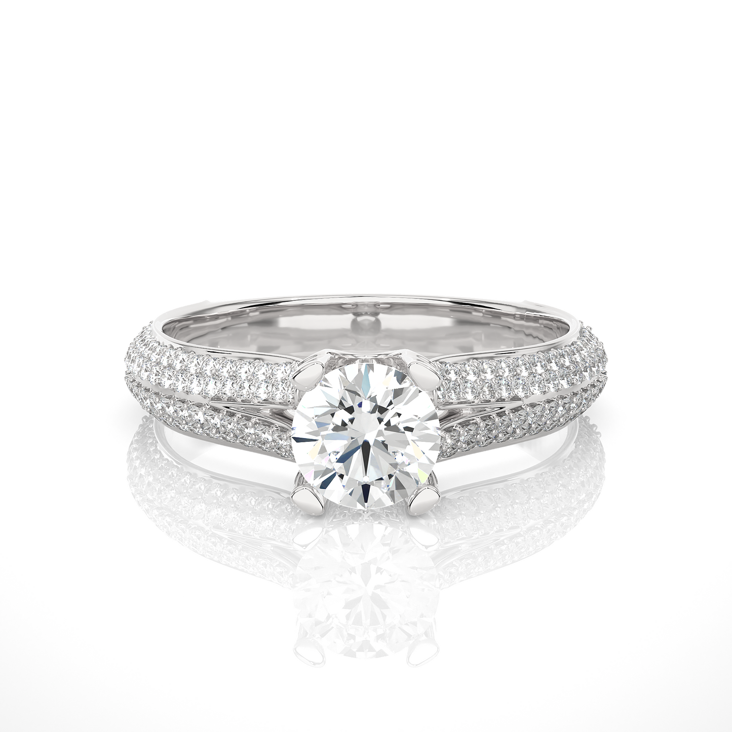 1.0 CT Round Cut Lab Grown Diamond Engagement Ring in Split Shank With Double Pave Setting/Wedding Ring/F Color/VS Clarity/1 Ct Diamond Ring/CVD Diamond Ring/Round Cut Diamond/Round Diamond Side Stone/Four Prong Set/Pave Set/10k Gold/14k Gold/18k Gold/Yellow Gold/White Gold/Rose Gold/Anniversary Gift