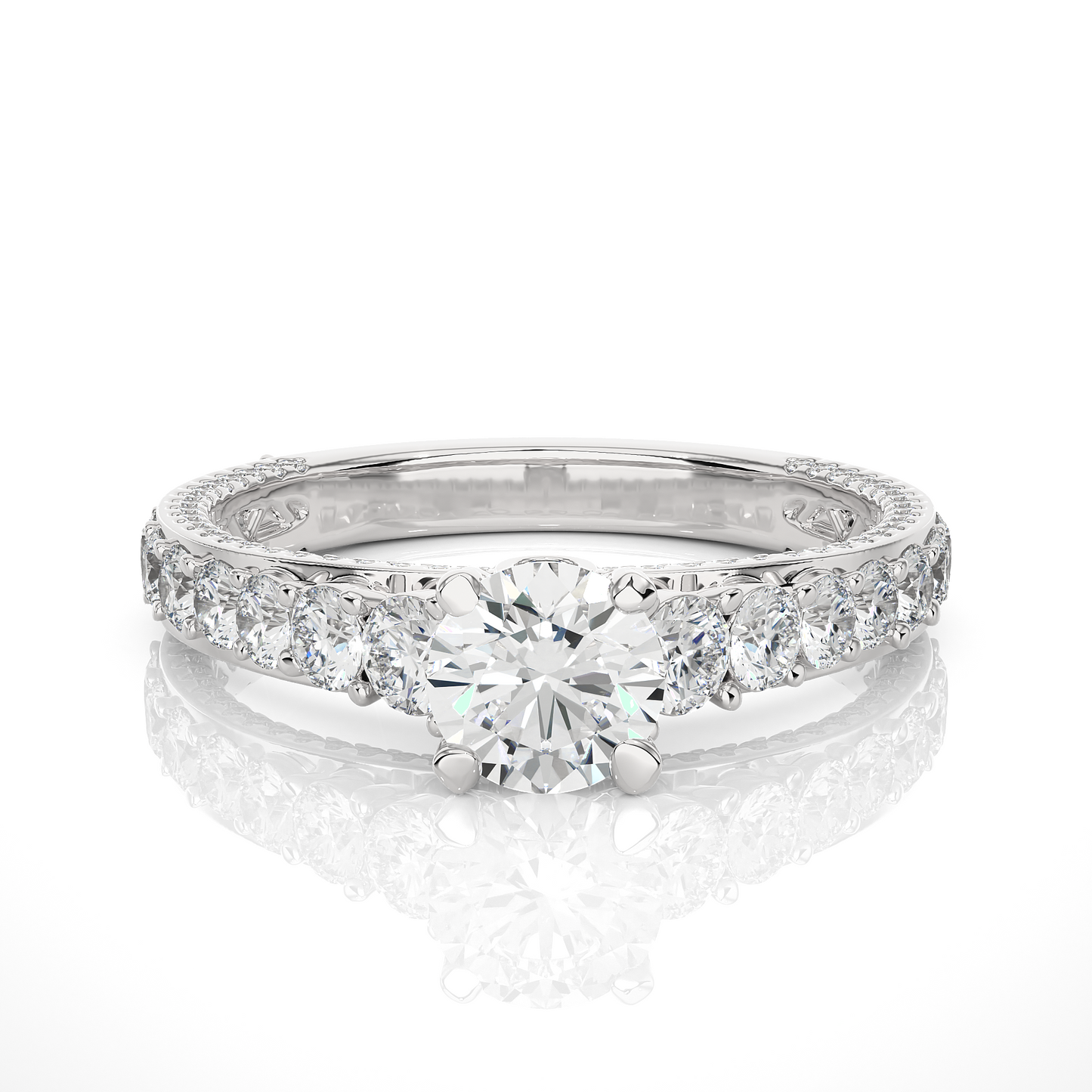 0.85 CT Round Cut Lab Grown Diamond Engagement Ring in Pave Shank/Wedding Ring/EF Color/VS Clarity/1 Ct Diamond Ring/CVD Diamond Ring/Round Cut Diamond/Round Diamond Side Stone/Four Prong Set/Pave Set/10k Gold/14k Gold/18k Gold/Yellow Gold/White Gold/Rose Gold/Anniversary Gift