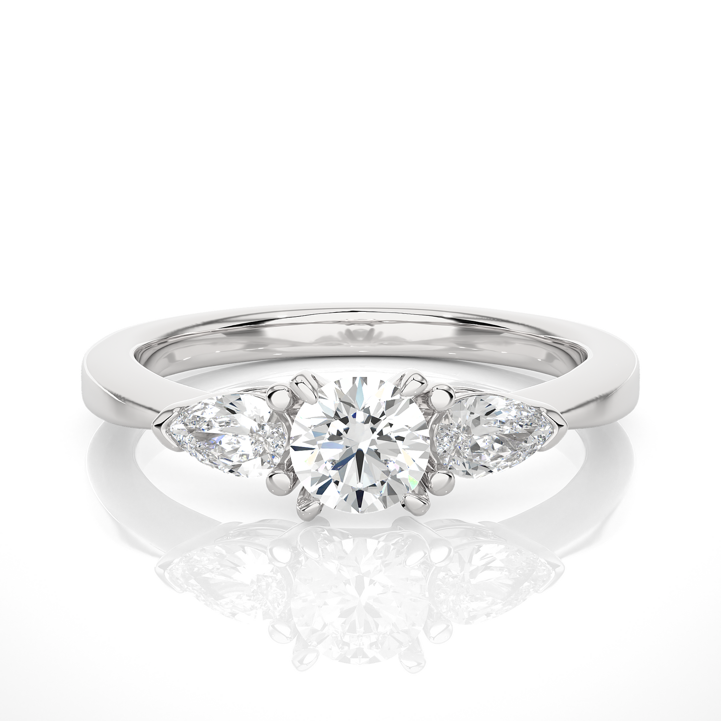 1.16 Ct Round Cut E-VS1 Lab Grown Diamond Three Stone Engagement Ring/Wedding Ring/E Color/VS Clarity/1 Ct Diamond Ring/CVD Diamond Ring/Round Cut Diamond/Pear Diamond Side Stone/Prong Set/Three Stone Set/Halo Set/10k Gold/14k Gold/18k Gold/Yellow Gold/White Gold/Rose Gold/Anniversary Gift
