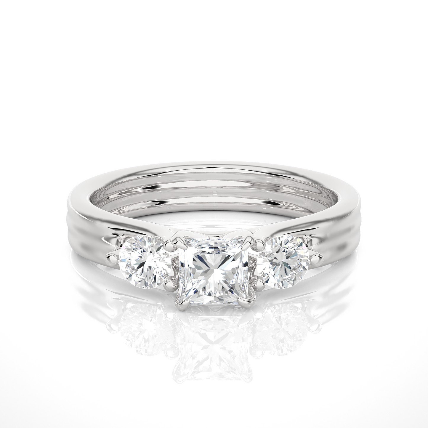1.11 Ct Princess Cut F-VS1 Lab Grown Diamond Three Stone Engagement Ring/Wedding Ring/F Color/VS Clarity/1 Ct Diamond Ring/CVD Diamond Ring/Princess Cut Diamond/Round Diamond Side Stone/Prong Set/Three Stone Set/10k Gold/14k Gold/18k Gold/Yellow Gold/White Gold/Rose Gold/Anniversary Gift