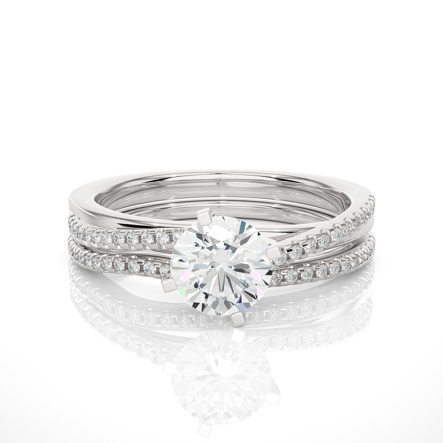 1.01 CT Round Cut Lab Grown Diamond Engagement Ring Made in Pave Setting With Bypass Shank/Wedding Ring/F Color/VS Clarity/1 Ct Diamond Ring/CVD Diamond Ring/Round Cut Diamond/Round Diamond Side Stone/Four Prong Set/Pave Set/10k Gold/14k Gold/18k Gold/Yellow Gold/White Gold/Rose Gold/Anniversary Gift