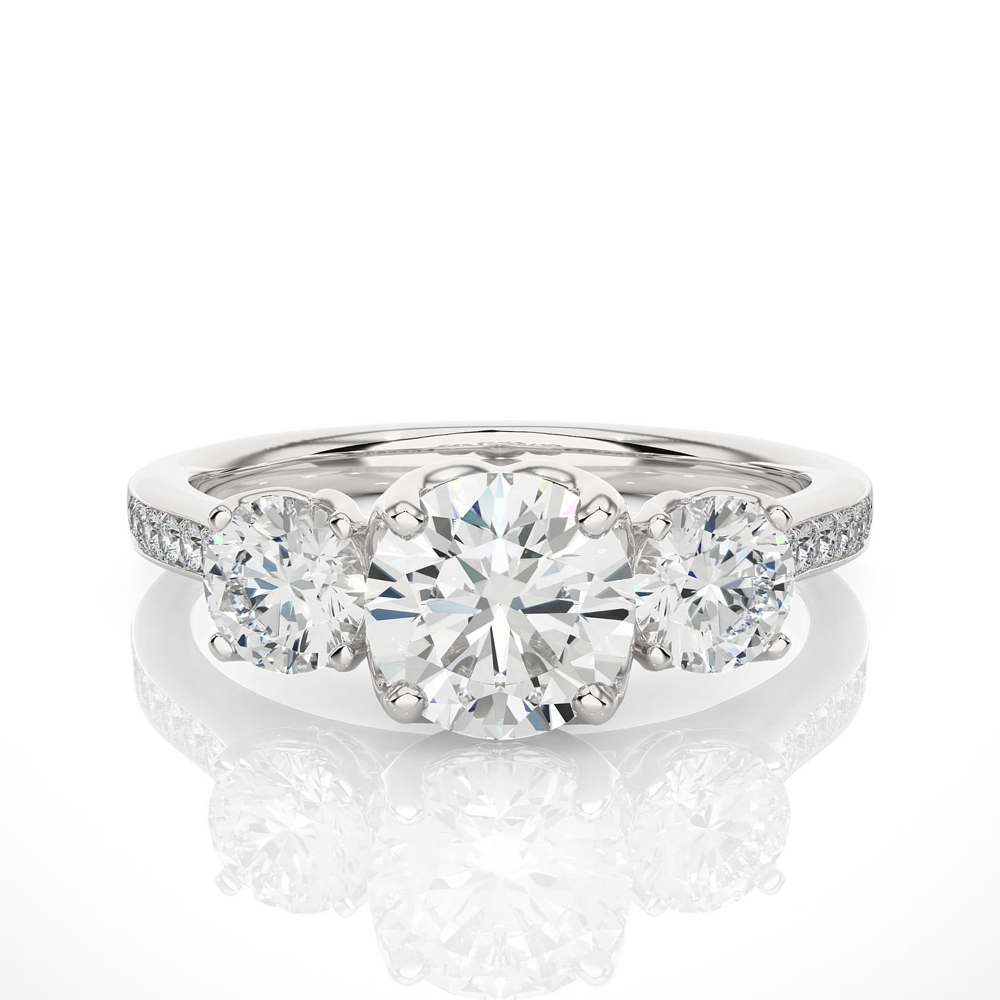 1.55 Ct Round Cut E-VS1 Lab Grown Diamond Three Stone Engagement Ring With Pave/Wedding Ring/E Color/VS Clarity/1 Ct Diamond Ring/CVD Diamond Ring/Round Cut Diamond/Round Diamond Side Stone/Prong Set/Three Stone Set/Pave Set/10k Gold/14k Gold/18k Gold/Yellow Gold/White Gold/Rose Gold/Anniversary Gift