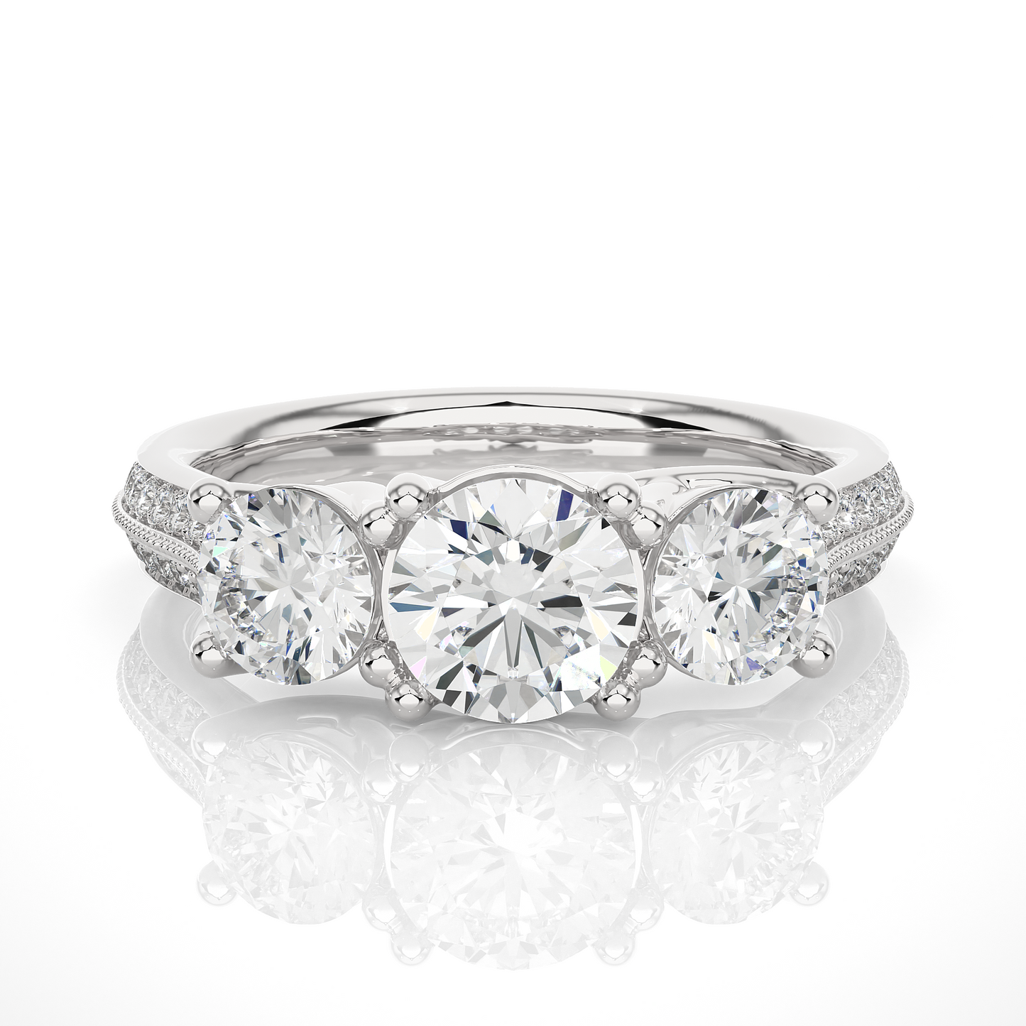 1.4 Ct Round Cut Lab Grown Diamond Three Stone Engagement Ring in Micro Pave Setting/Wedding Ring/E Color/VS Clarity/1 Ct Diamond Ring/CVD Diamond Ring/Round Cut Diamond/Round Diamond Side Stone/Prong Set/Three Stone Set/Pave Set/10k Gold/14k Gold/18k Gold/Yellow Gold/White Gold/Rose Gold/Anniversary Gift