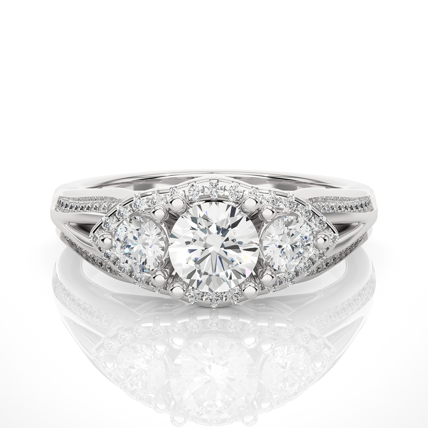 1.0 Ct Round Cut E-VS2 Lab Grown Diamond Three Stone Engagement Ring/Wedding Ring/E Color/VS Clarity/1 Ct Diamond Ring/CVD Diamond Ring/Round Cut Diamond/Round Diamond Side Stone/Prong Set/Cluster Set/Pave Set/10k Gold/14k Gold/18k Gold/Yellow Gold/White Gold/Rose Gold/Anniversary Gift