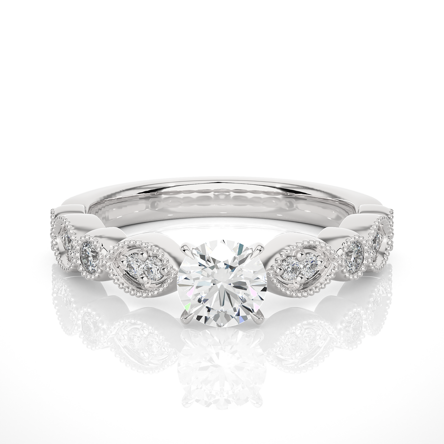 0.75 CT Round Cut Lab Grown Diamond Engagement Ring in Mil-Grain Shank/Wedding Ring/EF Color/VS Clarity/1 Ct Diamond Ring/CVD Diamond Ring/Round Cut Diamond/Round Diamond Side Stone/Four Prong Set/Pave Set/10k Gold/14k Gold/18k Gold/Yellow Gold/White Gold/Rose Gold/Anniversary Gift
