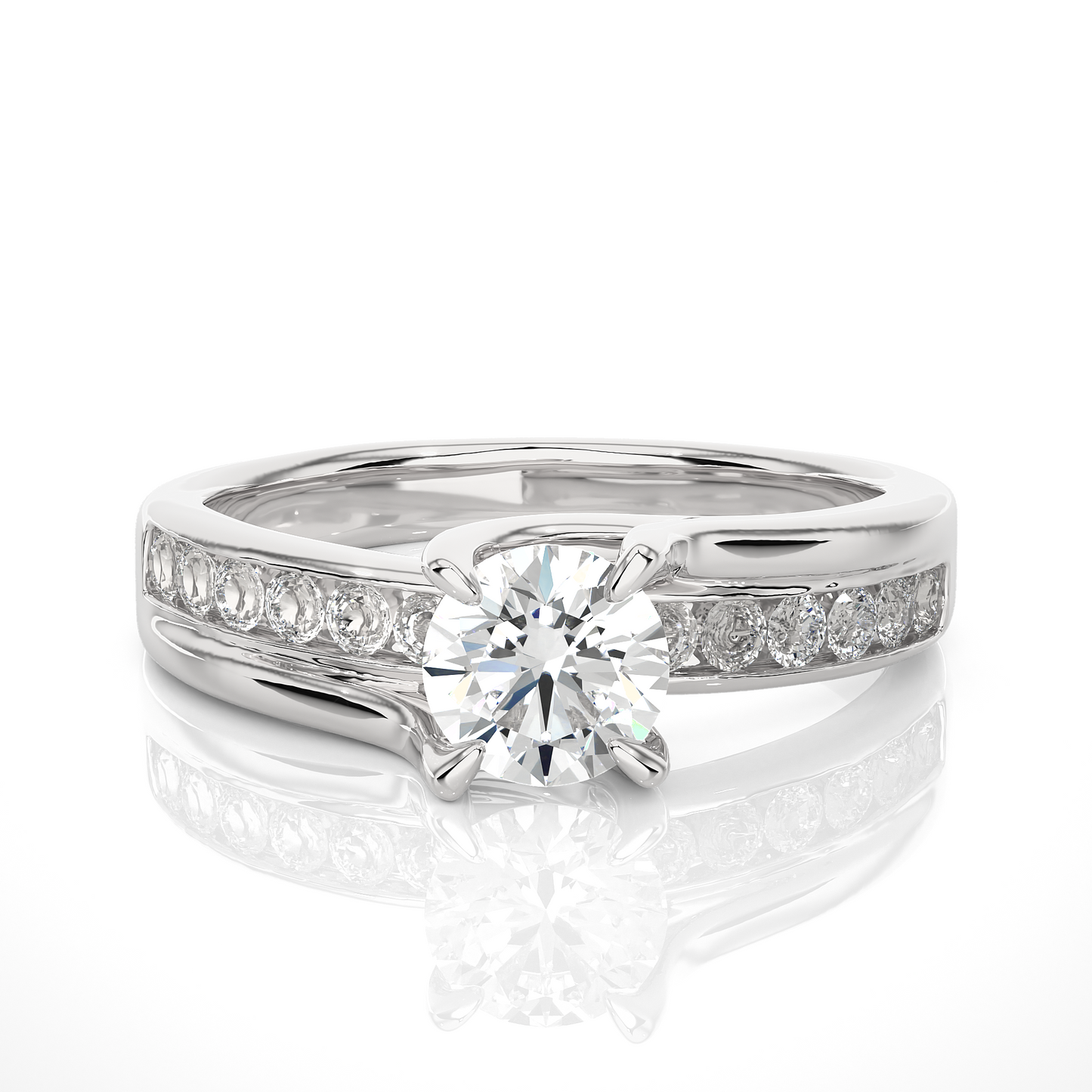 1.02 CT E-VS1 Round Cut Lab Grown Diamond Engagement Ring in Chanel Shank/Wedding Ring/E Color/VS Clarity/1 Ct Diamond Ring/CVD Diamond Ring/Round Cut Diamond/Round Diamond Side Stone/Prong Set/Pave Set/10k Gold/14k Gold/18k Gold/Yellow Gold/White Gold/Rose Gold/Anniversary Gift