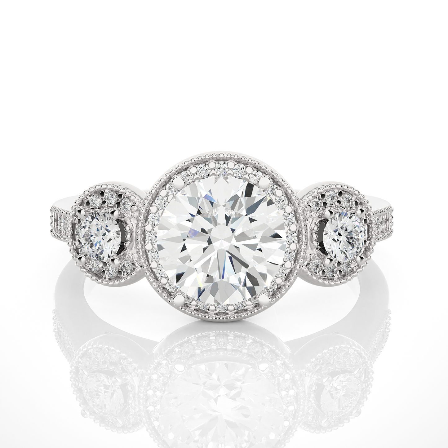 1.79 Ct Round Cut Lab Grown Diamond Three Stone Gold Engagement Ring/Wedding Ring/E Color/VS Clarity/1 Ct Diamond Ring/CVD Diamond Ring/Round Cut Diamond/Round Diamond Side Stone/Prong Set/Three Stone Set/Halo Set/10k Gold/14k Gold/18k Gold/Yellow Gold/White Gold/Rose Gold/Anniversary Gift