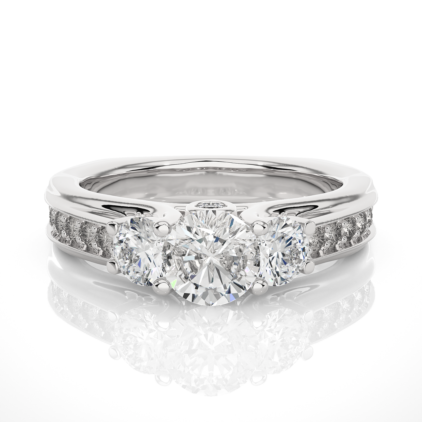 1.22 Ct Round Cut E-VS2 Lab Grown Diamond Three Stone Engagement Ring/Wedding Ring/E Color/VS Clarity/1 Ct Diamond Ring/CVD Diamond Ring/Round Cut Diamond/Round Diamond Side Stone/Prong Set/Three Stone Set/Pave Set/10k Gold/14k Gold/18k Gold/Yellow Gold/White Gold/Rose Gold/Anniversary Gift