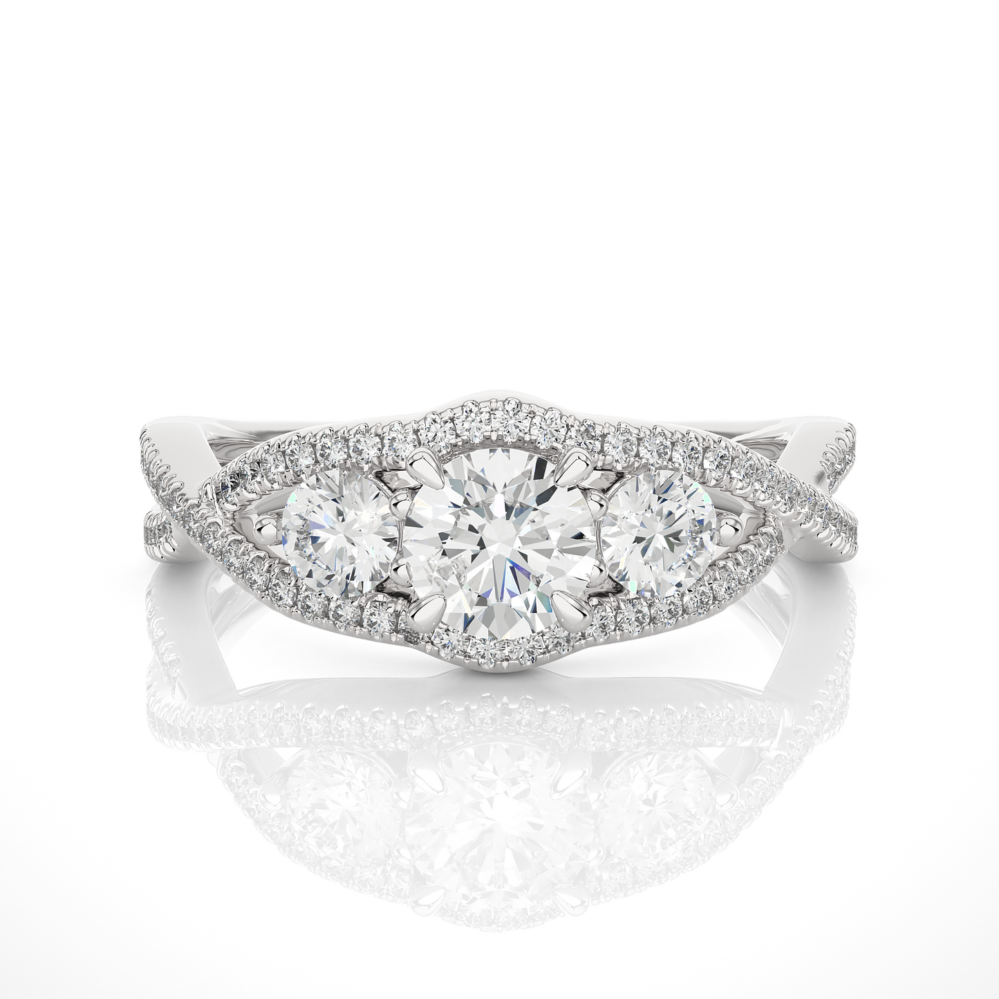1.05 Ct Round Cut F-VS1 Lab Grown Diamond Engagement Ring in Crossover Shank/Wedding Ring/F Color/VS Clarity/1 Ct Diamond Ring/CVD Diamond Ring/Round Cut Diamond/Round Diamond Side Stone/Prong Set/Three Stone Set/Pave Set/10k Gold/14k Gold/18k Gold/Yellow Gold/White Gold/Rose Gold/Anniversary Gift