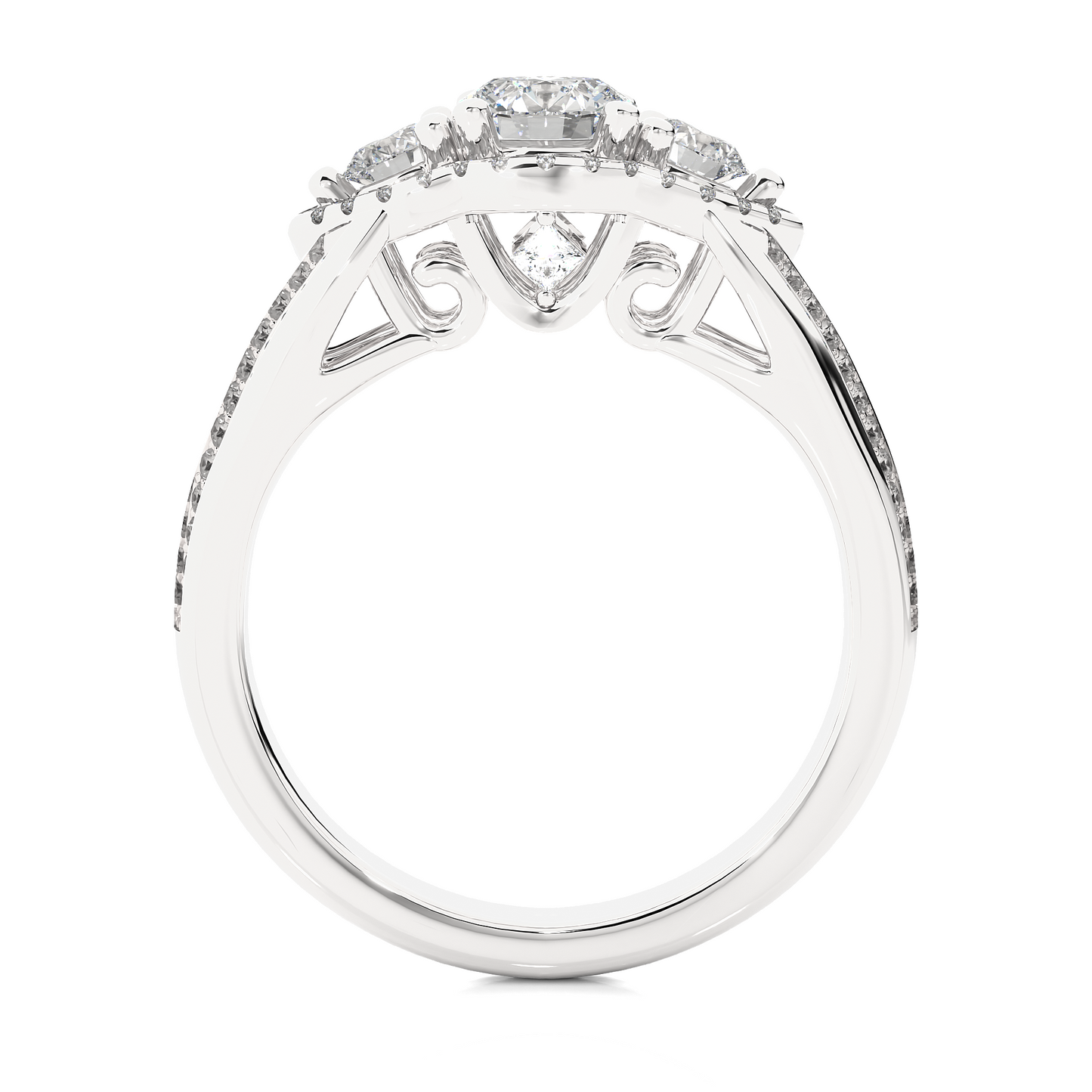 1.0 Ct Round Cut E-VS2 Lab Grown Diamond Three Stone Engagement Ring/Wedding Ring/E Color/VS Clarity/1 Ct Diamond Ring/CVD Diamond Ring/Round Cut Diamond/Round Diamond Side Stone/Prong Set/Cluster Set/Pave Set/10k Gold/14k Gold/18k Gold/Yellow Gold/White Gold/Rose Gold/Anniversary Gift