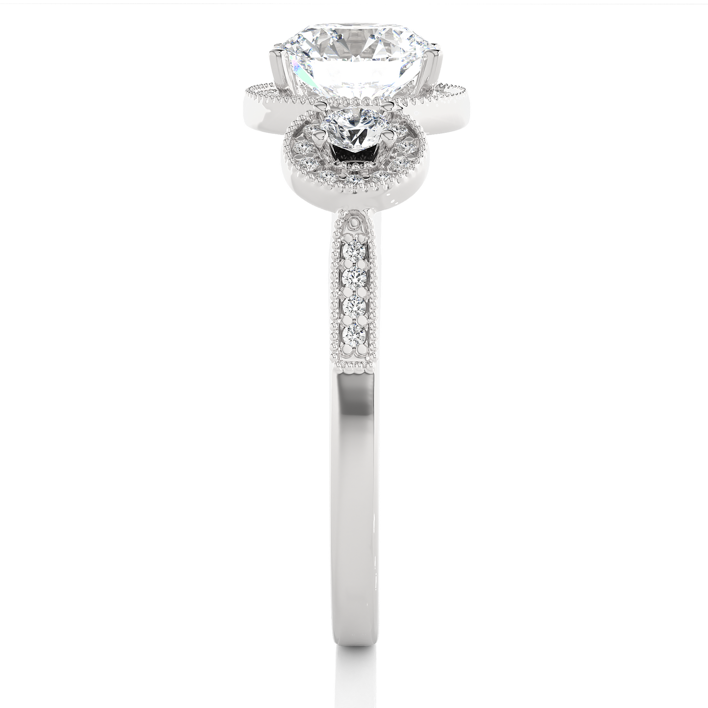 1.79 Ct Round Cut Lab Grown Diamond Three Stone Gold Engagement Ring/Wedding Ring/E Color/VS Clarity/1 Ct Diamond Ring/CVD Diamond Ring/Round Cut Diamond/Round Diamond Side Stone/Prong Set/Three Stone Set/Halo Set/10k Gold/14k Gold/18k Gold/Yellow Gold/White Gold/Rose Gold/Anniversary Gift