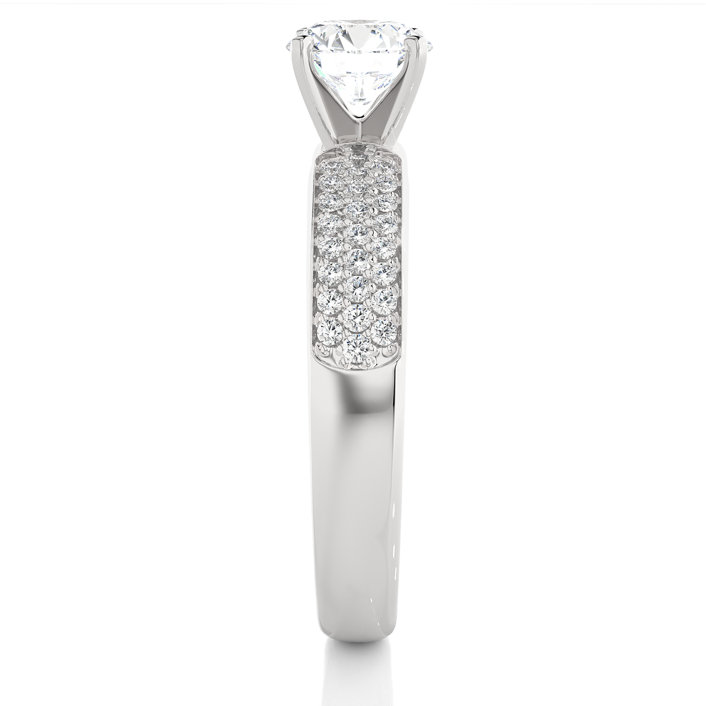 1.07 CT Round Cut Lab Grown Diamond Ring in Multi-pave Shank/Wedding Ring/E Color/VS Clarity/1 Ct Diamond Ring/CVD Diamond Ring/Round Cut Diamond/Round Diamond Side Stone/Four Prong Set/Pave Set/10k Gold/14k Gold/18k Gold/Yellow Gold/White Gold/Rose Gold/Anniversary Gift