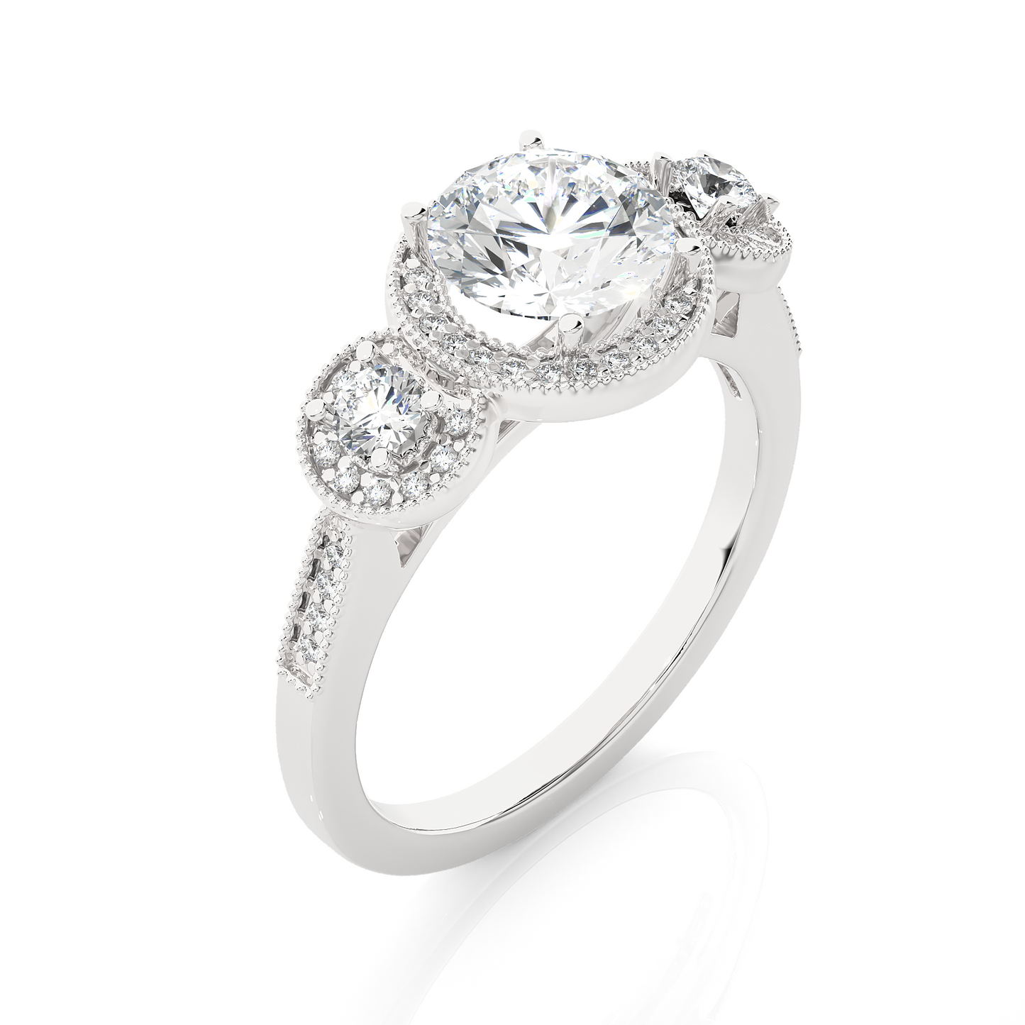 1.79 Ct Round Cut Lab Grown Diamond Three Stone Gold Engagement Ring/Wedding Ring/E Color/VS Clarity/1 Ct Diamond Ring/CVD Diamond Ring/Round Cut Diamond/Round Diamond Side Stone/Prong Set/Three Stone Set/Halo Set/10k Gold/14k Gold/18k Gold/Yellow Gold/White Gold/Rose Gold/Anniversary Gift