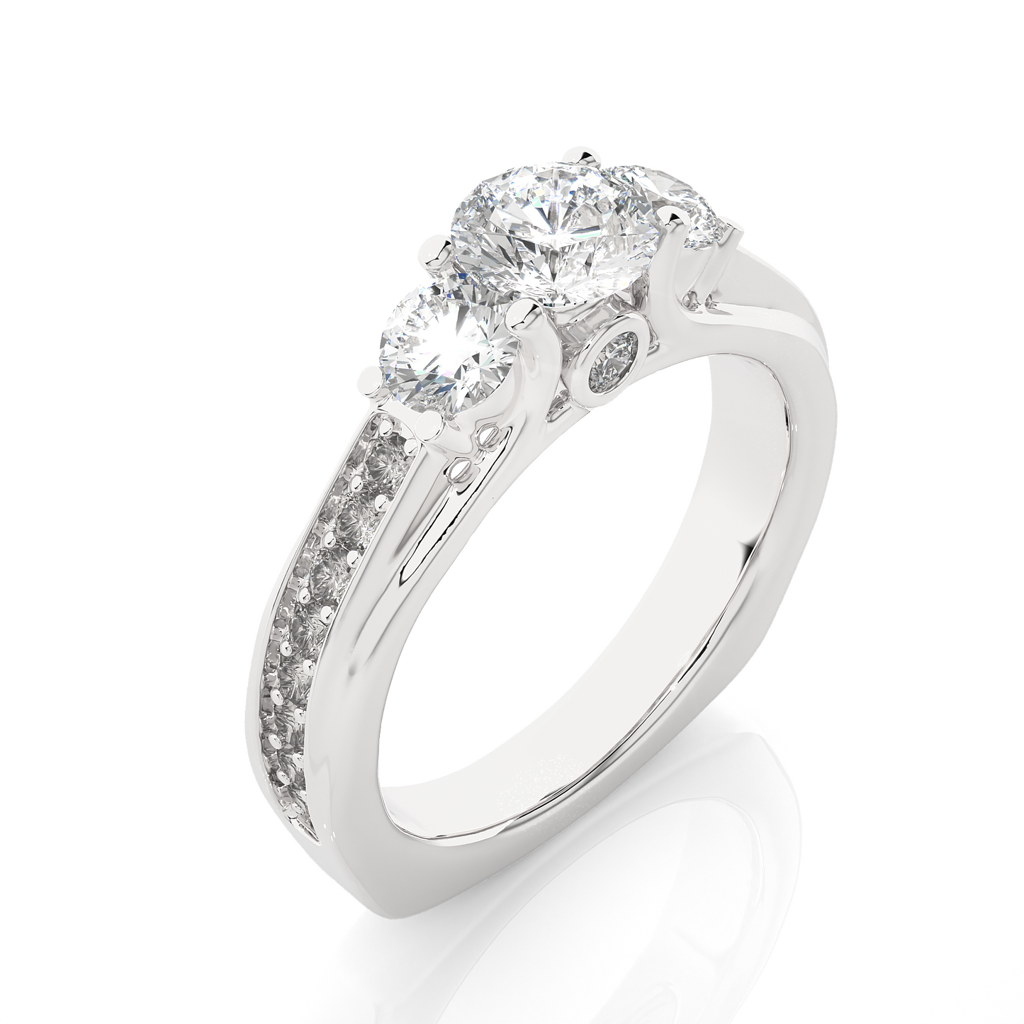 1.22 Ct Round Cut E-VS2 Lab Grown Diamond Three Stone Engagement Ring/Wedding Ring/E Color/VS Clarity/1 Ct Diamond Ring/CVD Diamond Ring/Round Cut Diamond/Round Diamond Side Stone/Prong Set/Three Stone Set/Pave Set/10k Gold/14k Gold/18k Gold/Yellow Gold/White Gold/Rose Gold/Anniversary Gift