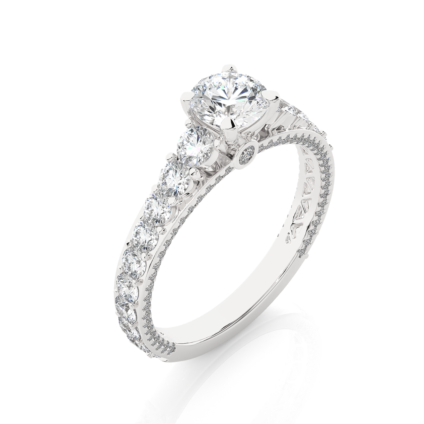 0.85 CT Round Cut Lab Grown Diamond Engagement Ring in Pave Shank/Wedding Ring/EF Color/VS Clarity/1 Ct Diamond Ring/CVD Diamond Ring/Round Cut Diamond/Round Diamond Side Stone/Four Prong Set/Pave Set/10k Gold/14k Gold/18k Gold/Yellow Gold/White Gold/Rose Gold/Anniversary Gift