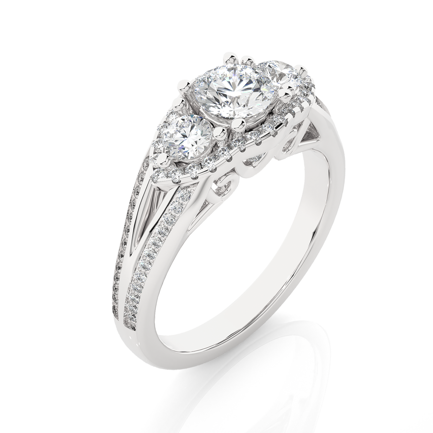 1.0 Ct Round Cut E-VS2 Lab Grown Diamond Three Stone Engagement Ring/Wedding Ring/E Color/VS Clarity/1 Ct Diamond Ring/CVD Diamond Ring/Round Cut Diamond/Round Diamond Side Stone/Prong Set/Cluster Set/Pave Set/10k Gold/14k Gold/18k Gold/Yellow Gold/White Gold/Rose Gold/Anniversary Gift