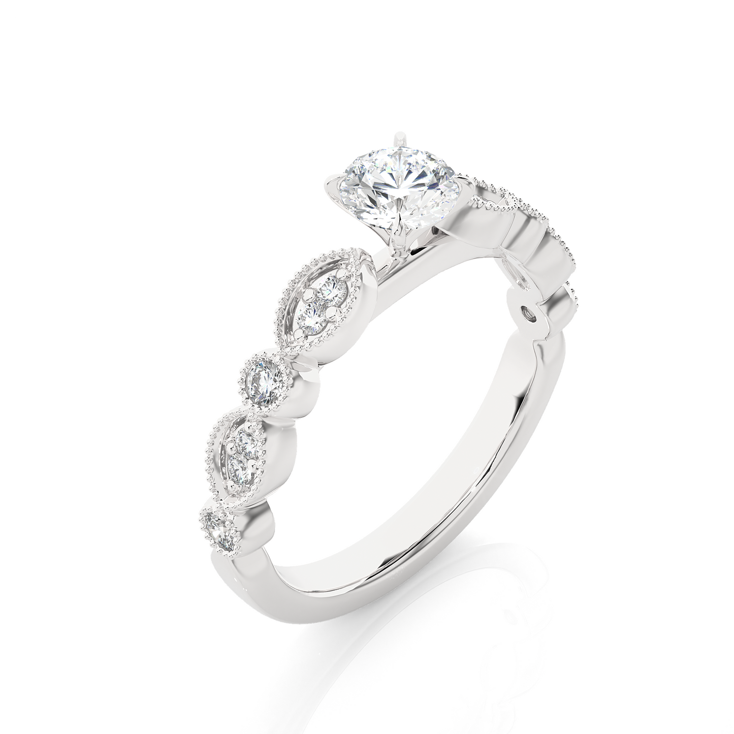 0.75 CT Round Cut Lab Grown Diamond Engagement Ring in Mil-Grain Shank/Wedding Ring/EF Color/VS Clarity/1 Ct Diamond Ring/CVD Diamond Ring/Round Cut Diamond/Round Diamond Side Stone/Four Prong Set/Pave Set/10k Gold/14k Gold/18k Gold/Yellow Gold/White Gold/Rose Gold/Anniversary Gift