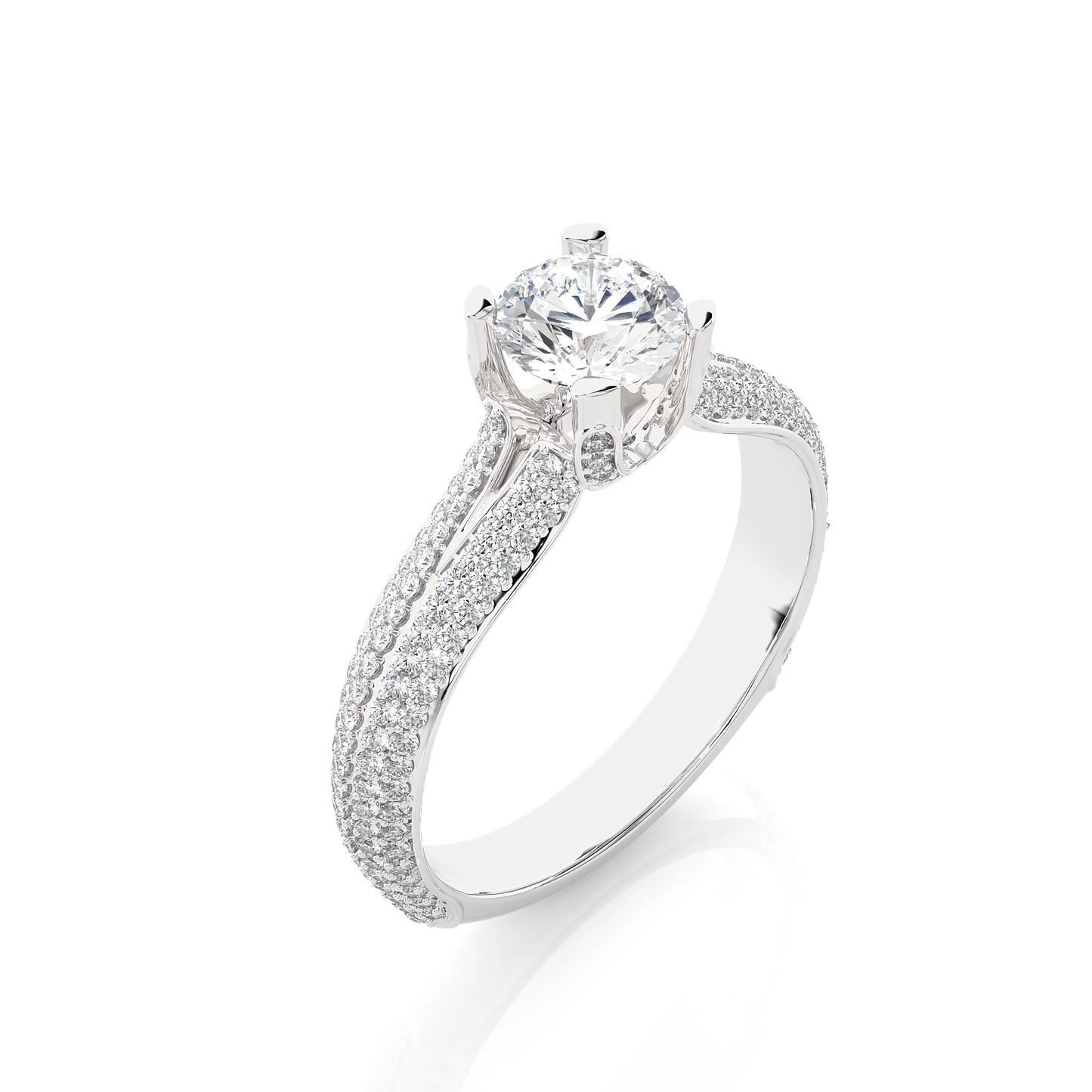 1.0 CT Round Cut Lab Grown Diamond Engagement Ring in Split Shank With Double Pave Setting/Wedding Ring/F Color/VS Clarity/1 Ct Diamond Ring/CVD Diamond Ring/Round Cut Diamond/Round Diamond Side Stone/Four Prong Set/Pave Set/10k Gold/14k Gold/18k Gold/Yellow Gold/White Gold/Rose Gold/Anniversary Gift