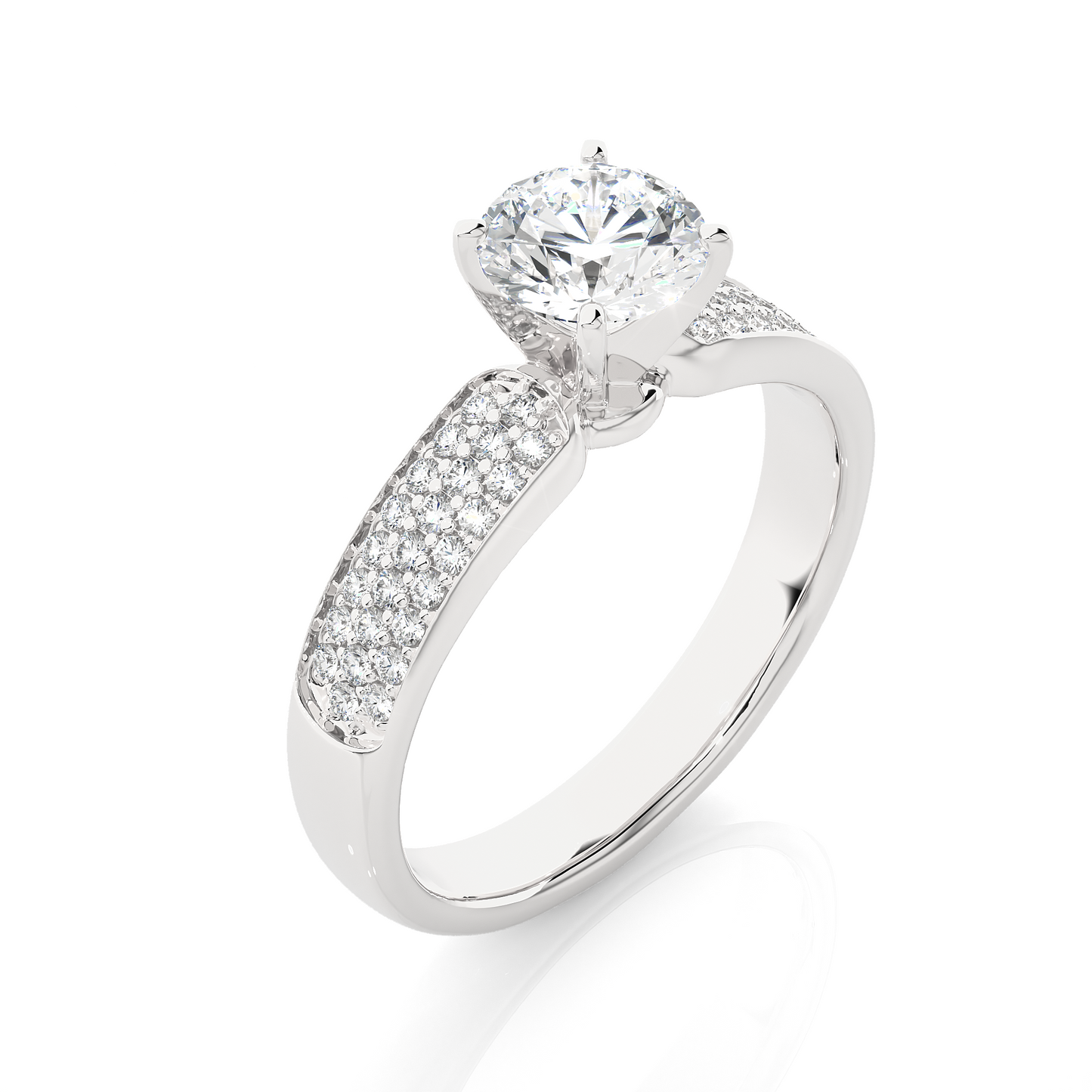 1.07 CT Round Cut Lab Grown Diamond Ring in Multi-pave Shank/Wedding Ring/E Color/VS Clarity/1 Ct Diamond Ring/CVD Diamond Ring/Round Cut Diamond/Round Diamond Side Stone/Four Prong Set/Pave Set/10k Gold/14k Gold/18k Gold/Yellow Gold/White Gold/Rose Gold/Anniversary Gift