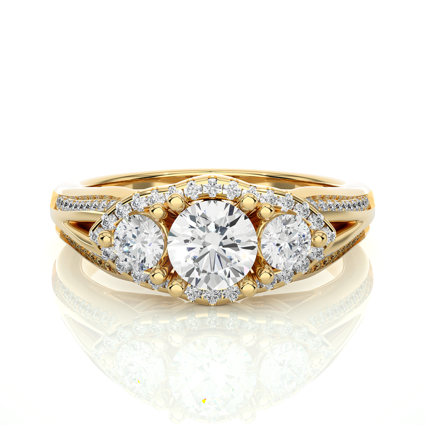 1.0 Ct Round Cut E-VS2 Lab Grown Diamond Three Stone Engagement Ring/Wedding Ring/E Color/VS Clarity/1 Ct Diamond Ring/CVD Diamond Ring/Round Cut Diamond/Round Diamond Side Stone/Prong Set/Cluster Set/Pave Set/10k Gold/14k Gold/18k Gold/Yellow Gold/White Gold/Rose Gold/Anniversary Gift
