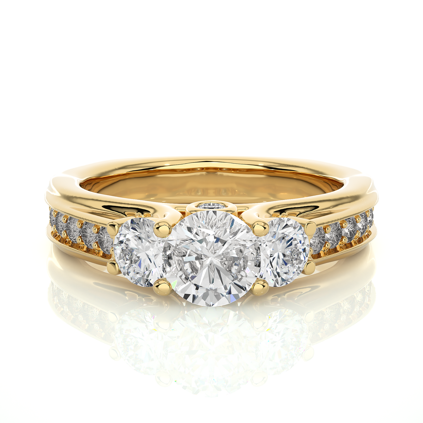 1.22 Ct Round Cut E-VS2 Lab Grown Diamond Three Stone Engagement Ring/Wedding Ring/E Color/VS Clarity/1 Ct Diamond Ring/CVD Diamond Ring/Round Cut Diamond/Round Diamond Side Stone/Prong Set/Three Stone Set/Pave Set/10k Gold/14k Gold/18k Gold/Yellow Gold/White Gold/Rose Gold/Anniversary Gift