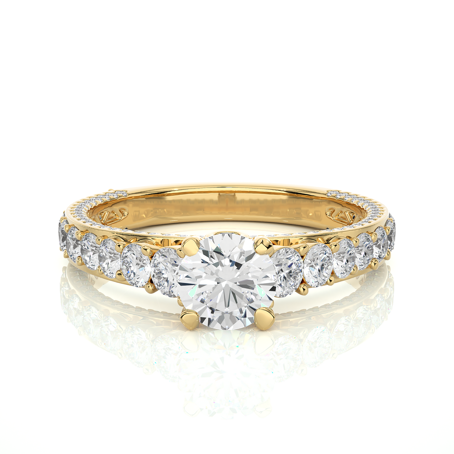 0.85 CT Round Cut Lab Grown Diamond Engagement Ring in Pave Shank/Wedding Ring/EF Color/VS Clarity/1 Ct Diamond Ring/CVD Diamond Ring/Round Cut Diamond/Round Diamond Side Stone/Four Prong Set/Pave Set/10k Gold/14k Gold/18k Gold/Yellow Gold/White Gold/Rose Gold/Anniversary Gift