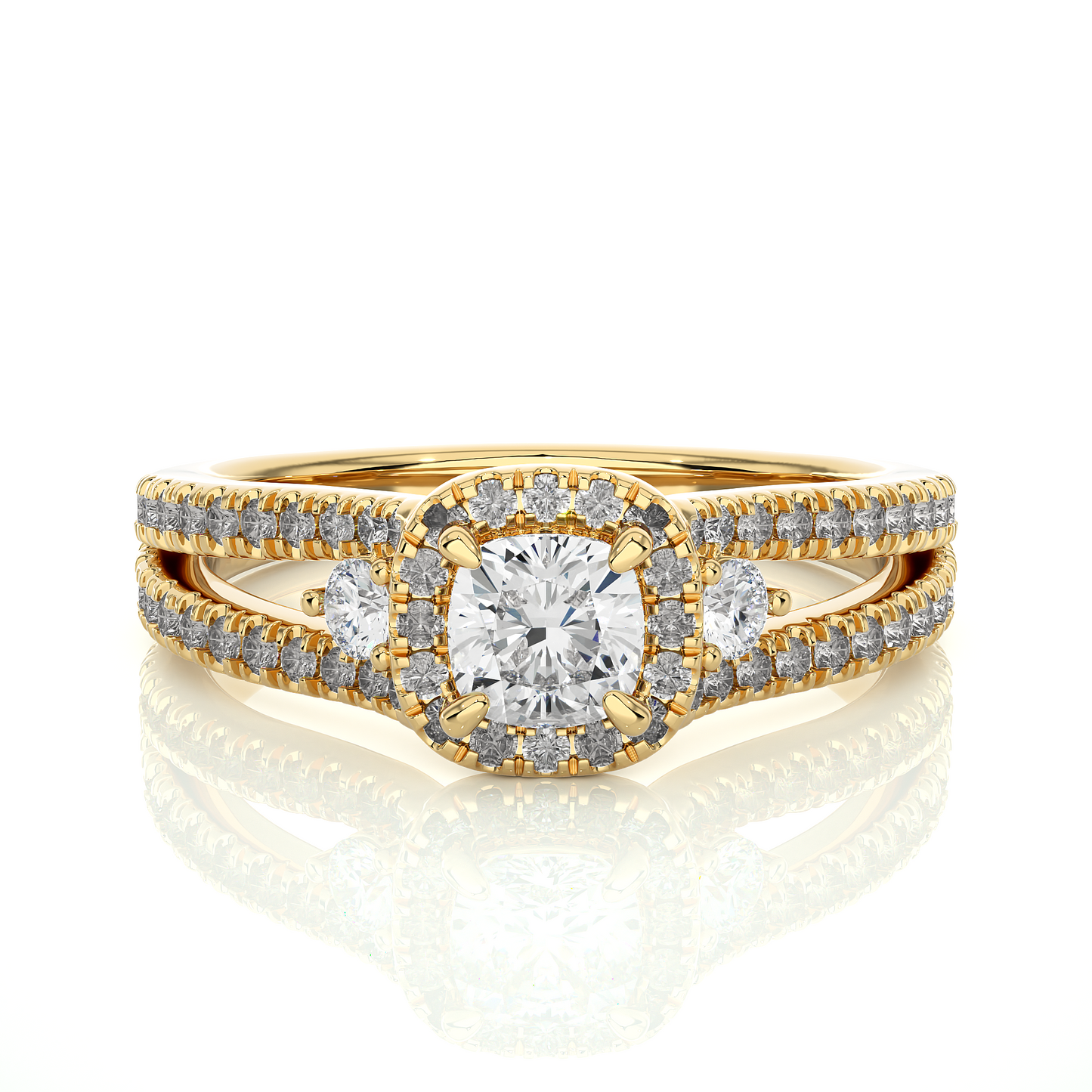 1.01 Ct Cushion Cut E-VS1 Lab Grown Diamond Split Shank Gold Engagement Ring/Wedding Ring/E Color/VS Clarity/1 Ct Diamond Ring/CVD Diamond Ring/Cushion Cut Diamond/Round Diamond Side Stone/Prong Set/Pave Set/Halo Set/10k Gold/14k Gold/18k Gold/Yellow Gold/White Gold/Rose Gold/Anniversary Gift