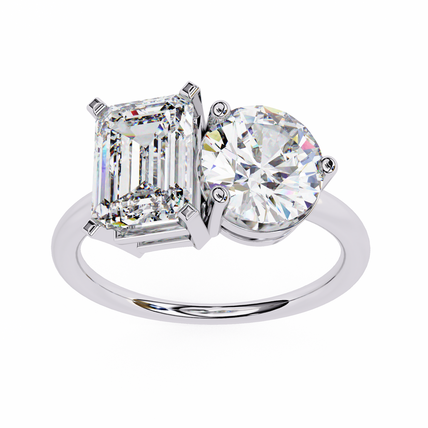 Emerald And Round Cut Lab Grown Diamond Two Stone Engagement Ring/Wedding Ring/F Color/VS Clarity/1 Ct Diamond Ring/CVD Diamond Ring/Emerald Cut Diamond/Round Diamond Side Stone/Prong Set/10k Gold/14k Gold/18k Gold/Yellow Gold/White Gold/Rose Gold/Anniversary Gift