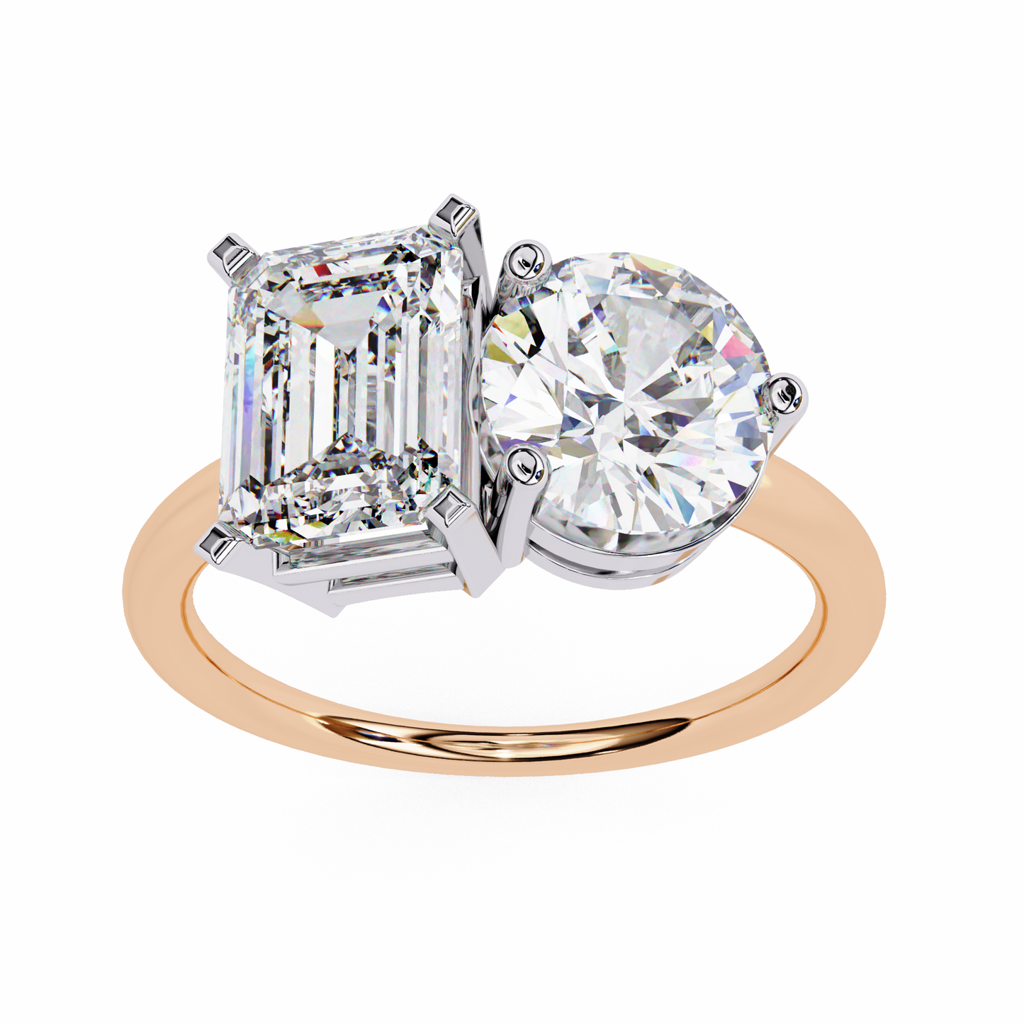 Emerald And Round Cut Lab Grown Diamond Two Stone Engagement Ring/Wedding Ring/F Color/VS Clarity/1 Ct Diamond Ring/CVD Diamond Ring/Emerald Cut Diamond/Round Diamond Side Stone/Prong Set/10k Gold/14k Gold/18k Gold/Yellow Gold/White Gold/Rose Gold/Anniversary Gift