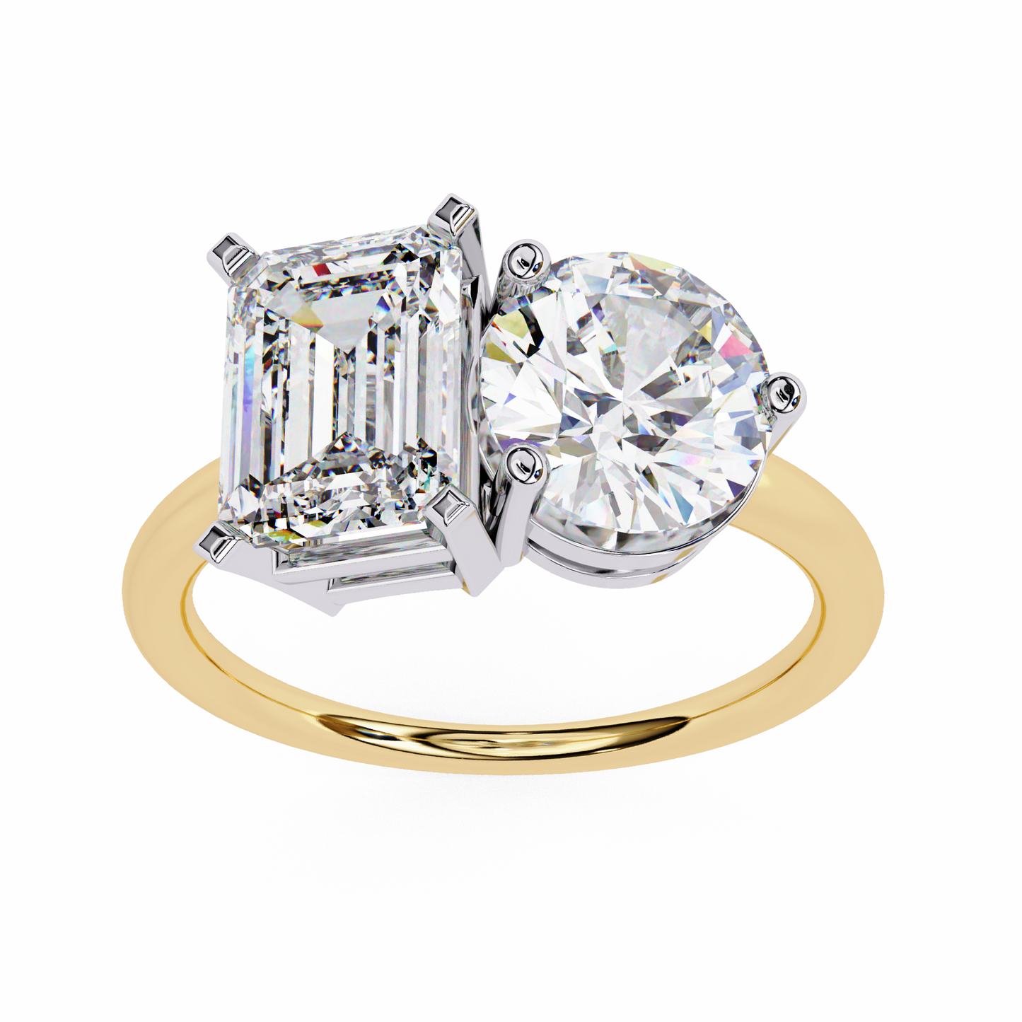 Emerald And Round Cut Lab Grown Diamond Two Stone Engagement Ring/Wedding Ring/F Color/VS Clarity/1 Ct Diamond Ring/CVD Diamond Ring/Emerald Cut Diamond/Round Diamond Side Stone/Prong Set/10k Gold/14k Gold/18k Gold/Yellow Gold/White Gold/Rose Gold/Anniversary Gift