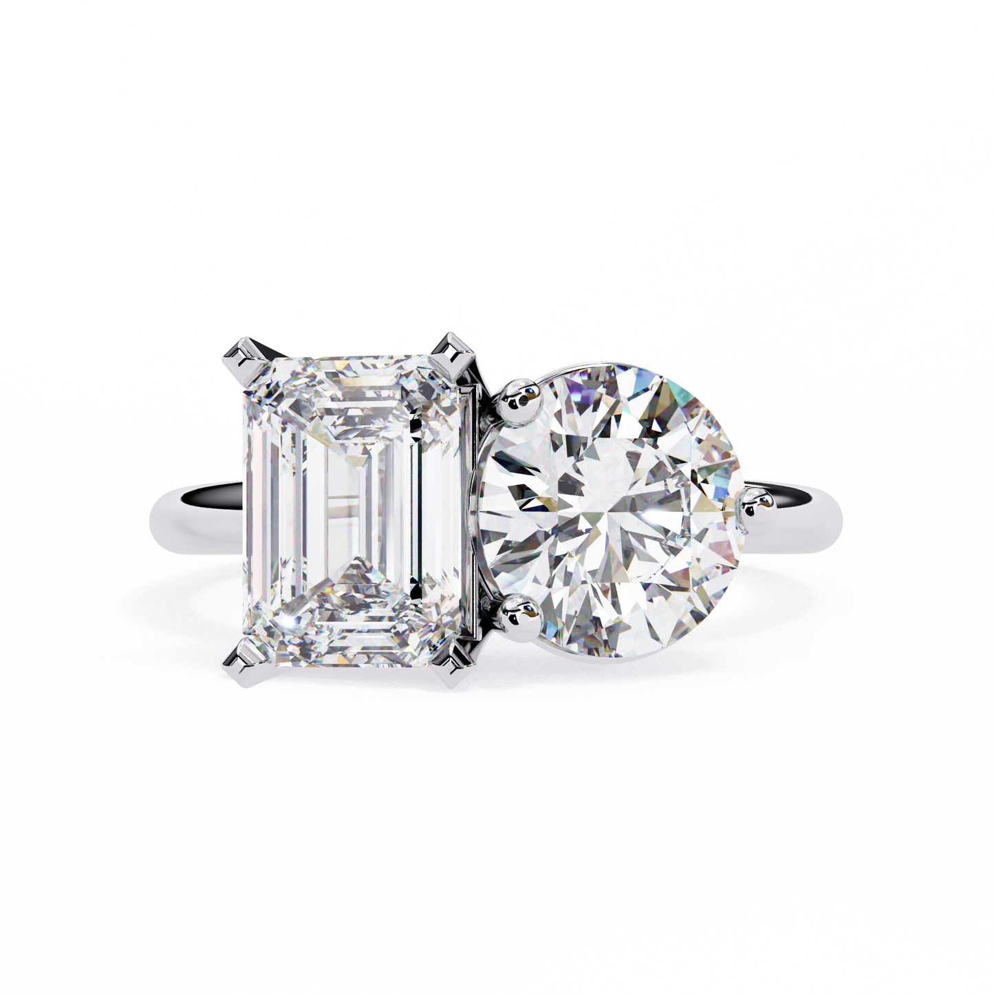 Emerald And Round Cut Lab Grown Diamond Two Stone Engagement Ring/Wedding Ring/F Color/VS Clarity/1 Ct Diamond Ring/CVD Diamond Ring/Emerald Cut Diamond/Round Diamond Side Stone/Prong Set/10k Gold/14k Gold/18k Gold/Yellow Gold/White Gold/Rose Gold/Anniversary Gift