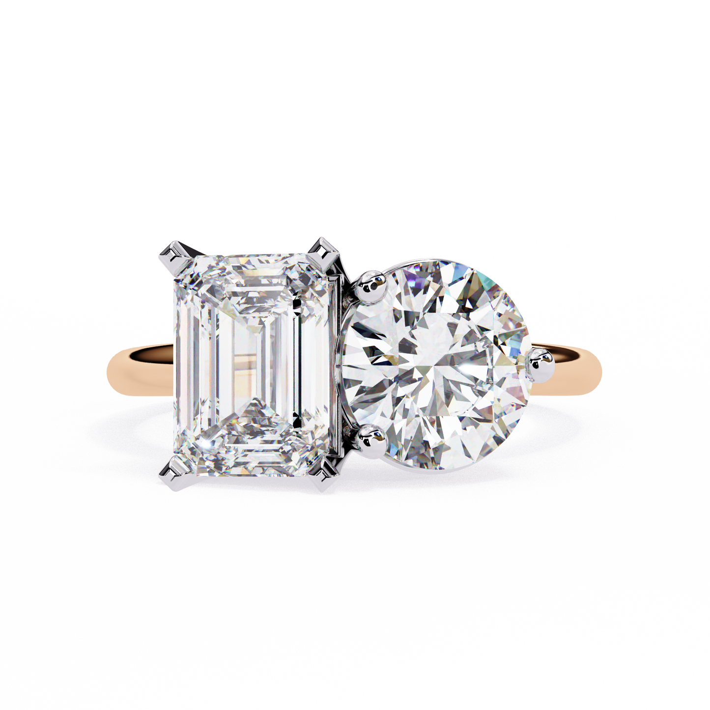 Emerald And Round Cut Lab Grown Diamond Two Stone Engagement Ring/Wedding Ring/F Color/VS Clarity/1 Ct Diamond Ring/CVD Diamond Ring/Emerald Cut Diamond/Round Diamond Side Stone/Prong Set/10k Gold/14k Gold/18k Gold/Yellow Gold/White Gold/Rose Gold/Anniversary Gift