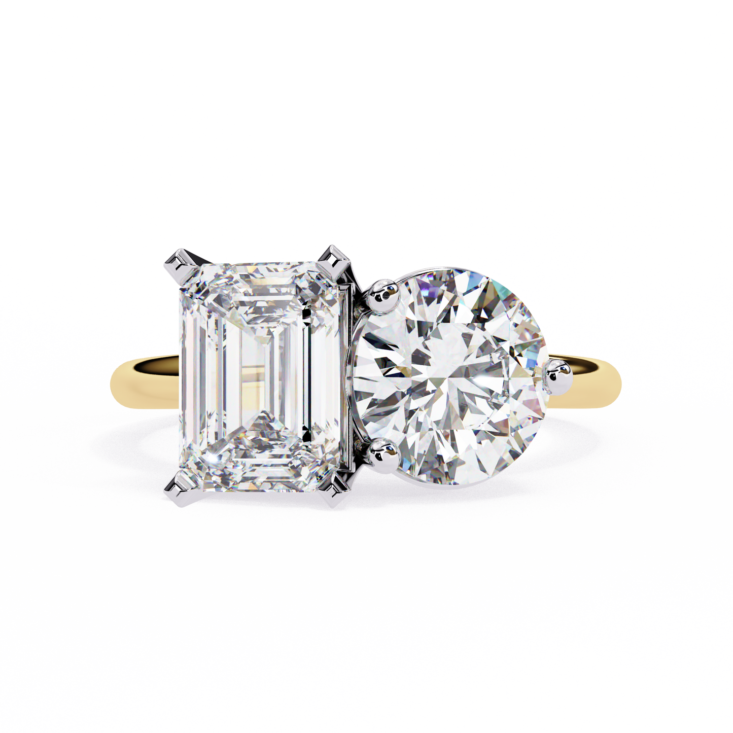 Emerald And Round Cut Lab Grown Diamond Two Stone Engagement Ring/Wedding Ring/F Color/VS Clarity/1 Ct Diamond Ring/CVD Diamond Ring/Emerald Cut Diamond/Round Diamond Side Stone/Prong Set/10k Gold/14k Gold/18k Gold/Yellow Gold/White Gold/Rose Gold/Anniversary Gift