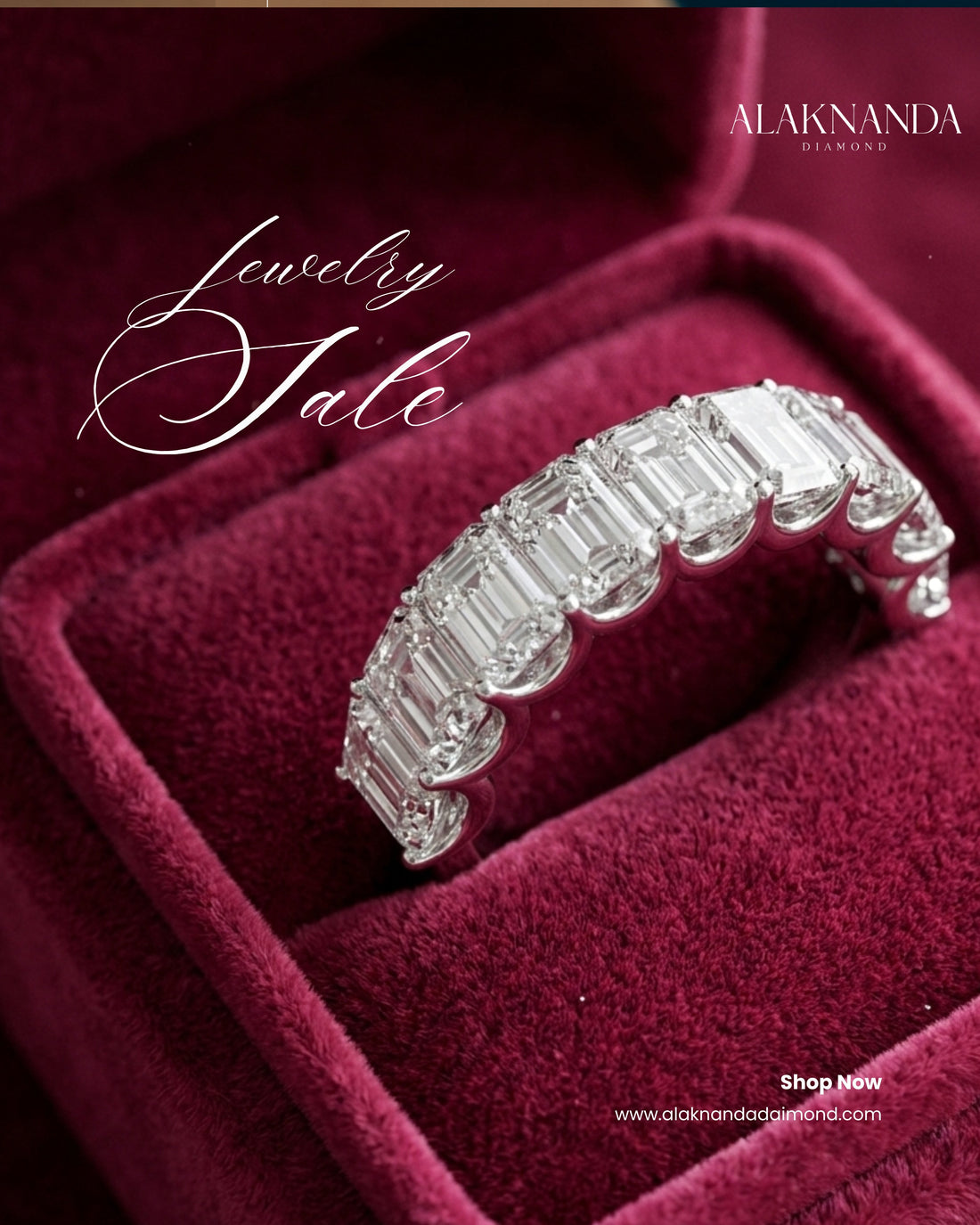 Luxury emerald-cut diamond eternity ring set in white gold, showcased in a velvet box, radiating brilliance, elegance, and timeless jewelry sophistication. 💎✨