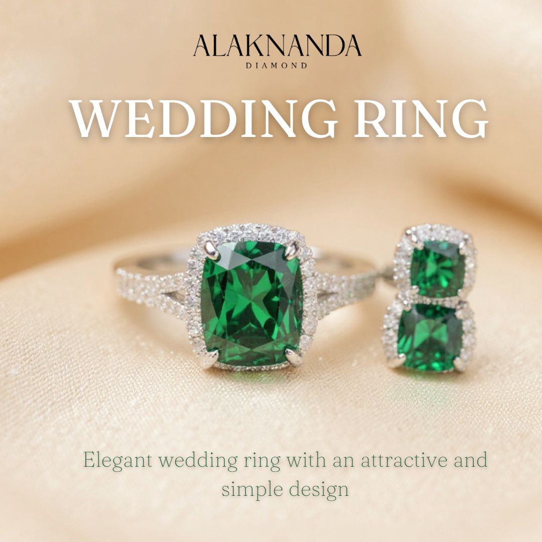 Elegant Emerald Diamond Wedding Ring and Earrings Luxury Bridal Set