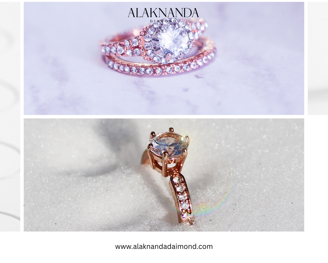 "Alaknanda’s Rose Gold Diamond Rings – Radiant Oval-Cut Brilliance with Elegant Pave Bands for Timeless Glamour"