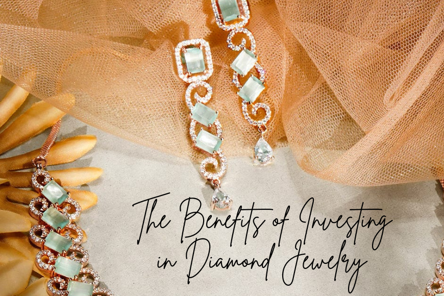 An image of a diamond earring set with the title "The Benefits of Investing in Diamond Jewelry"